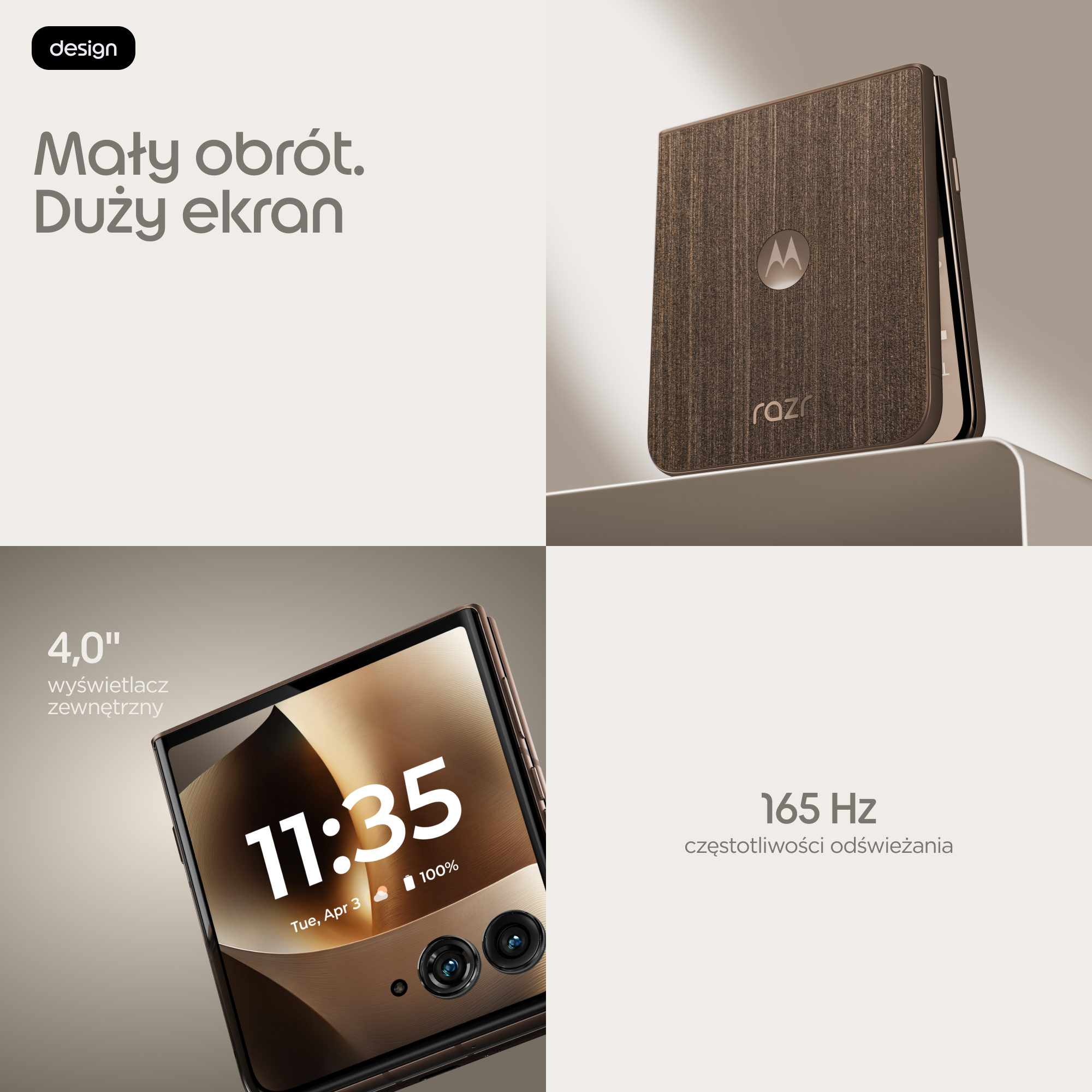 Brązowa klapka z zewnętrznym ekranem. Pokazuje 11:35.
