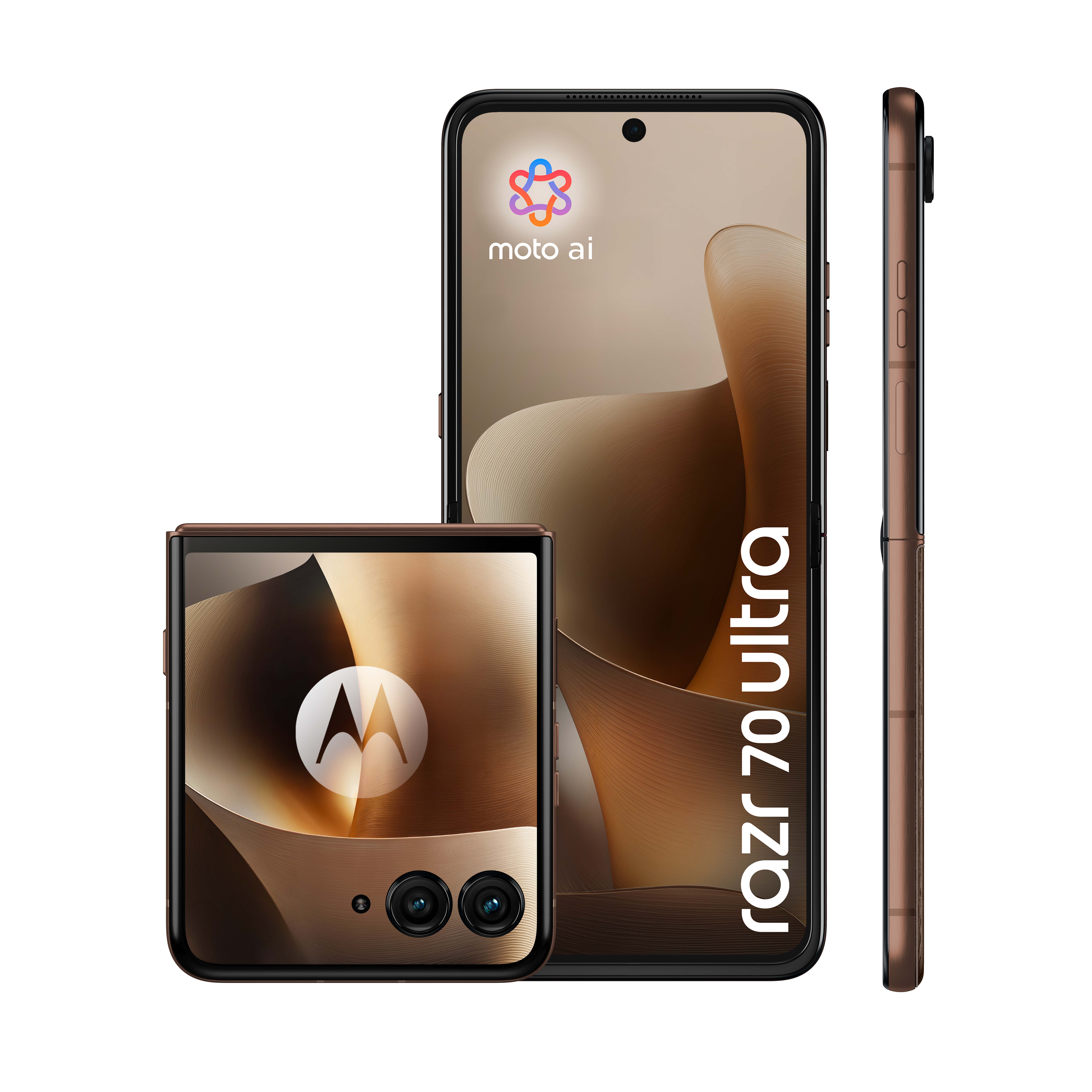 Motorola Razr 70 Ultra w kolorze brązowym, pokazany złożony, otwarty i z profilu.