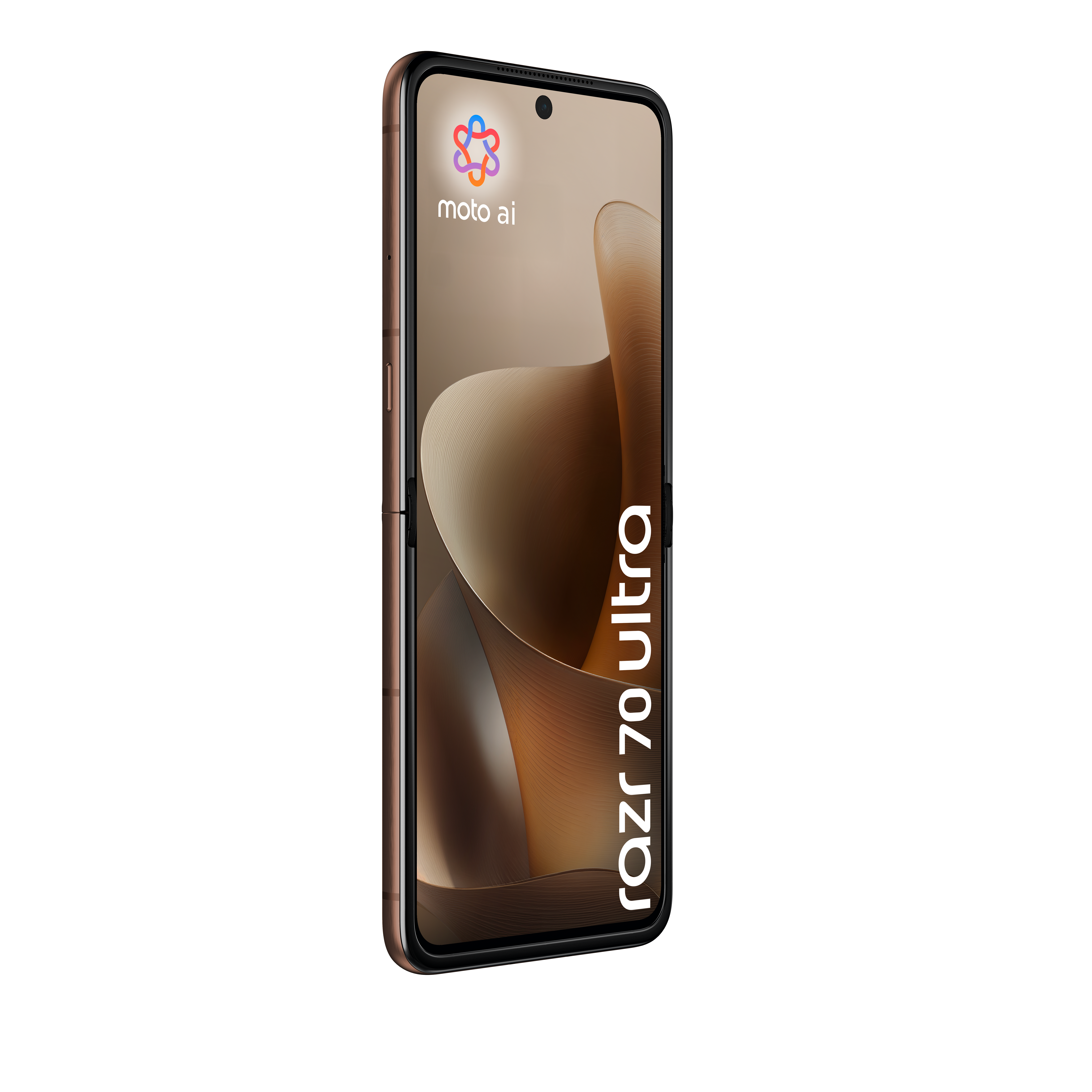 Brązowy telefon składany Motorola Razr 70 Ultra z logo "moto ai" na ekranie.