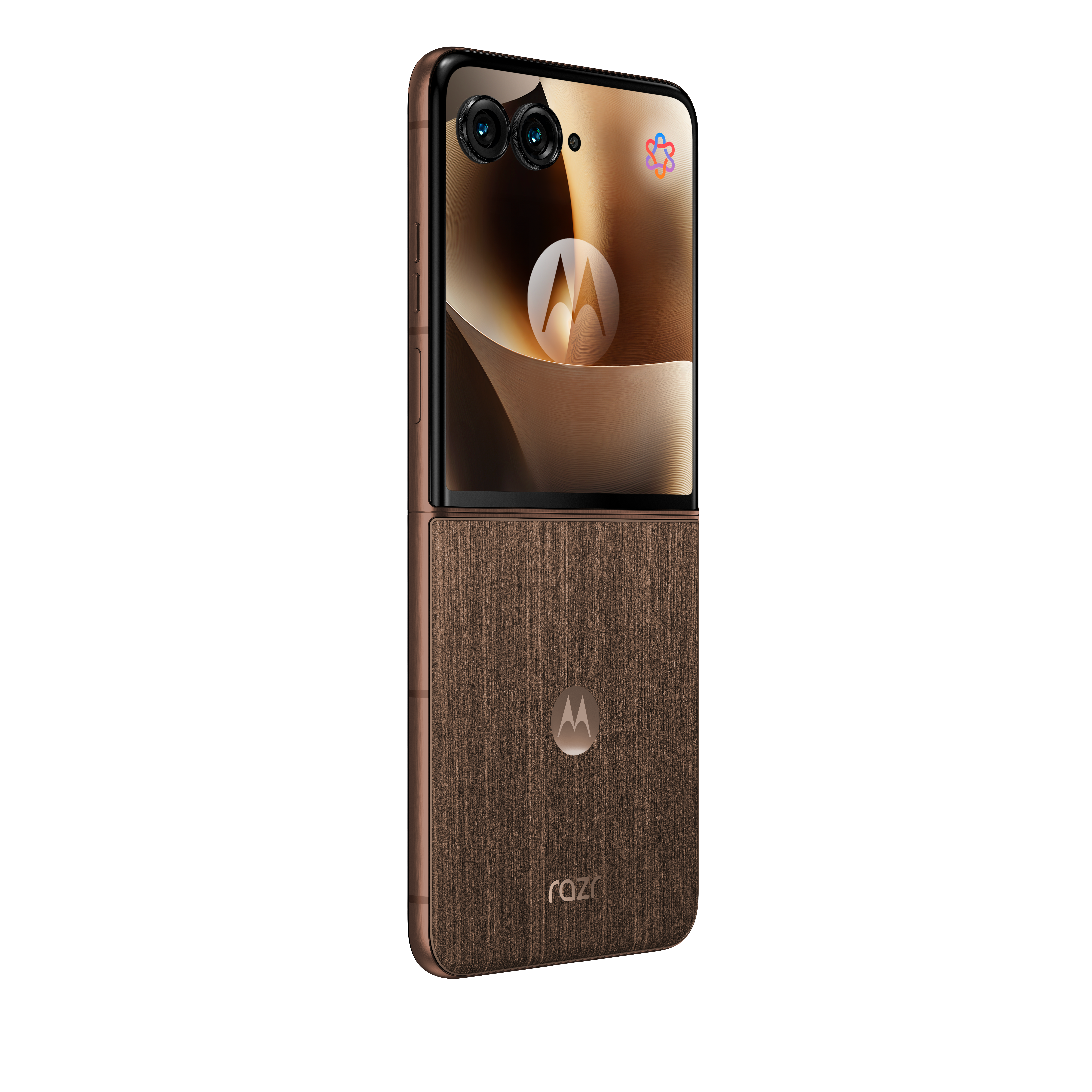 Brązowy telefon Motorola Razr typu flip, otwarty, pokazujący podwójne aparaty i logo Motoroli na ekranie.