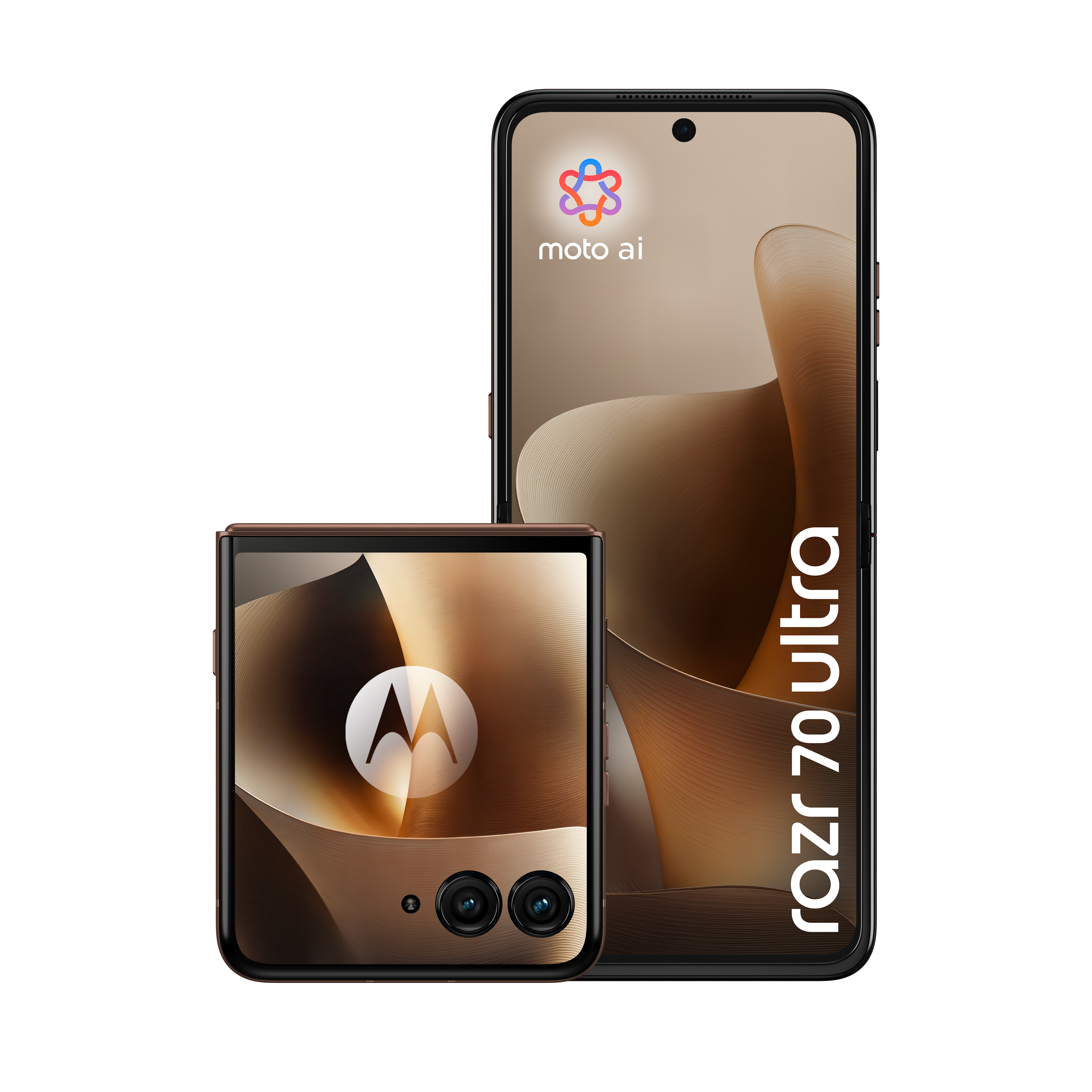 Dwa telefony Motorola Razr 70 Ultra, jeden zamknięty, jeden otwarty. Brązowe z logo M.