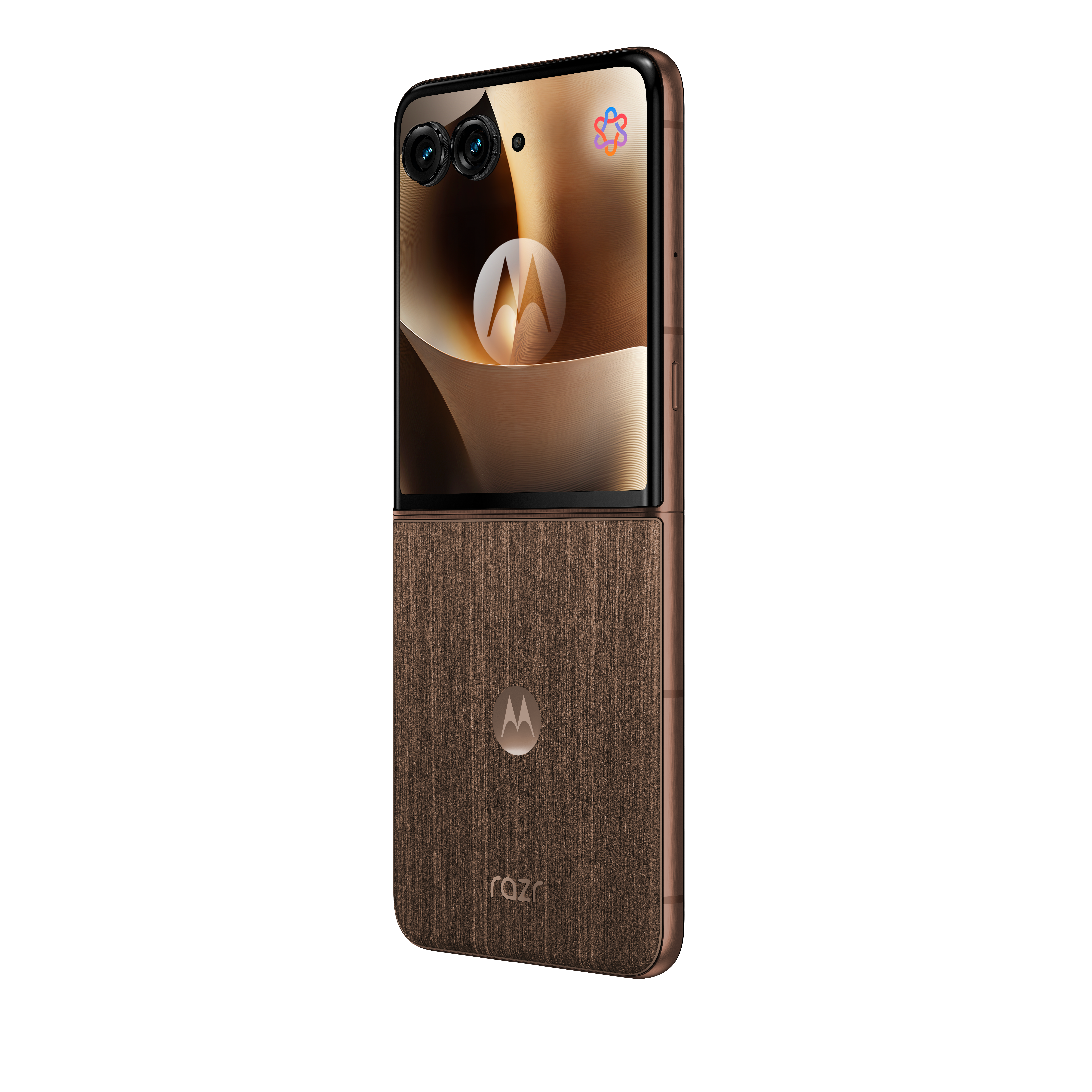 Brązowy telefon składany Motorola Razr z dwoma aparatami na górze i logo Motorola.