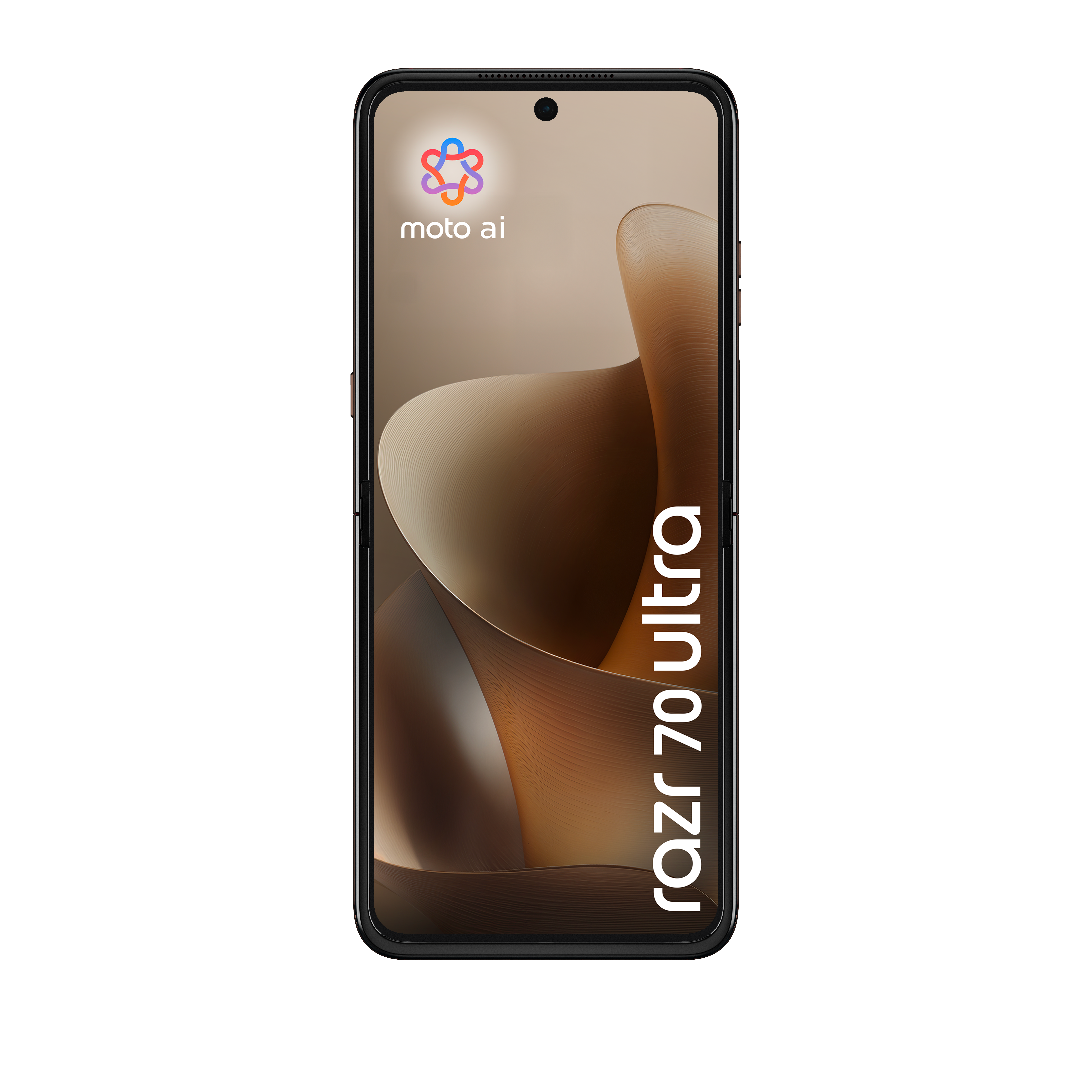 Czarny smartfon z logo 'moto ai' i tekstem 'razr 70 ultra'.
