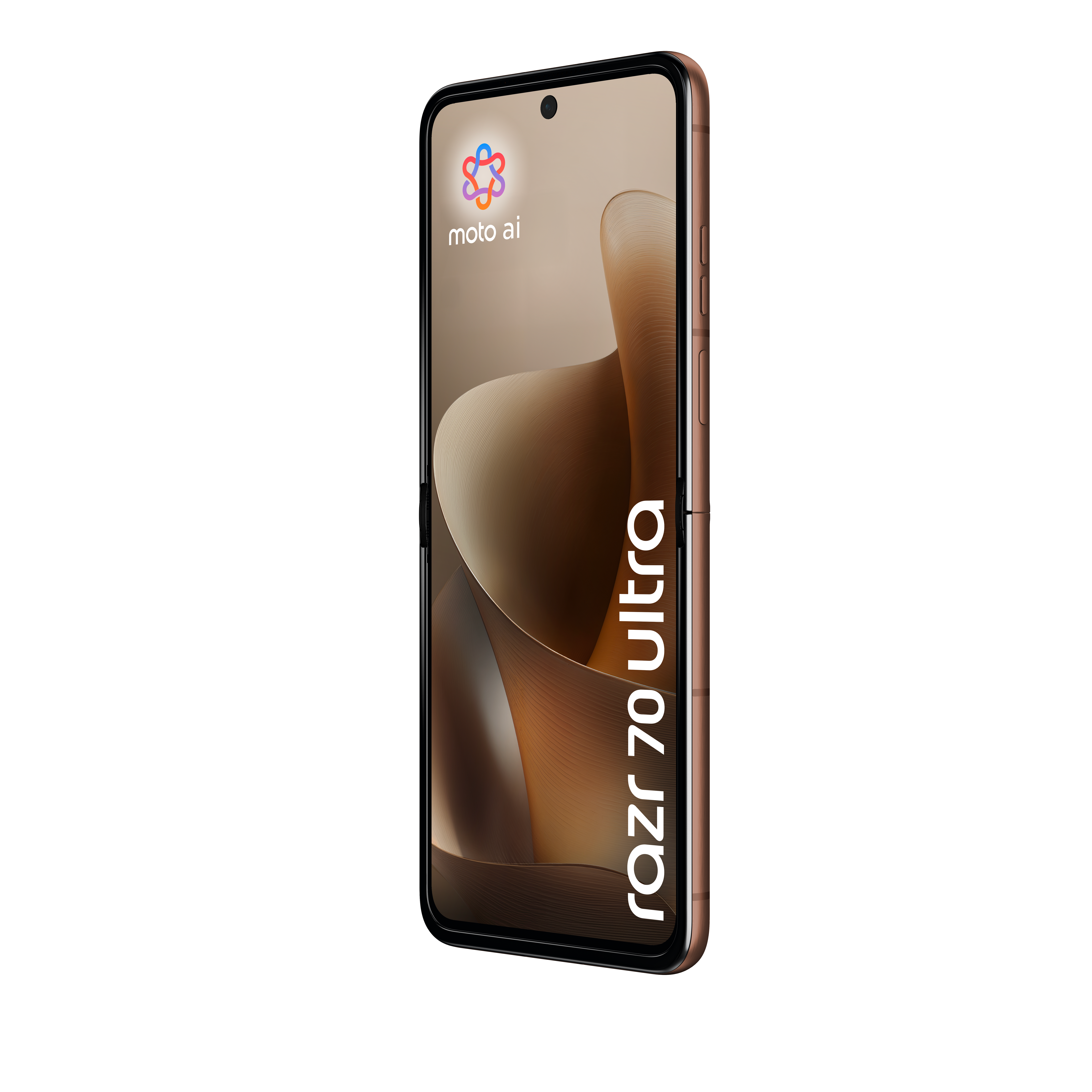 Brązowy smartfon Motorola Razr 70 Ultra z logo "moto ai" na ekranie.