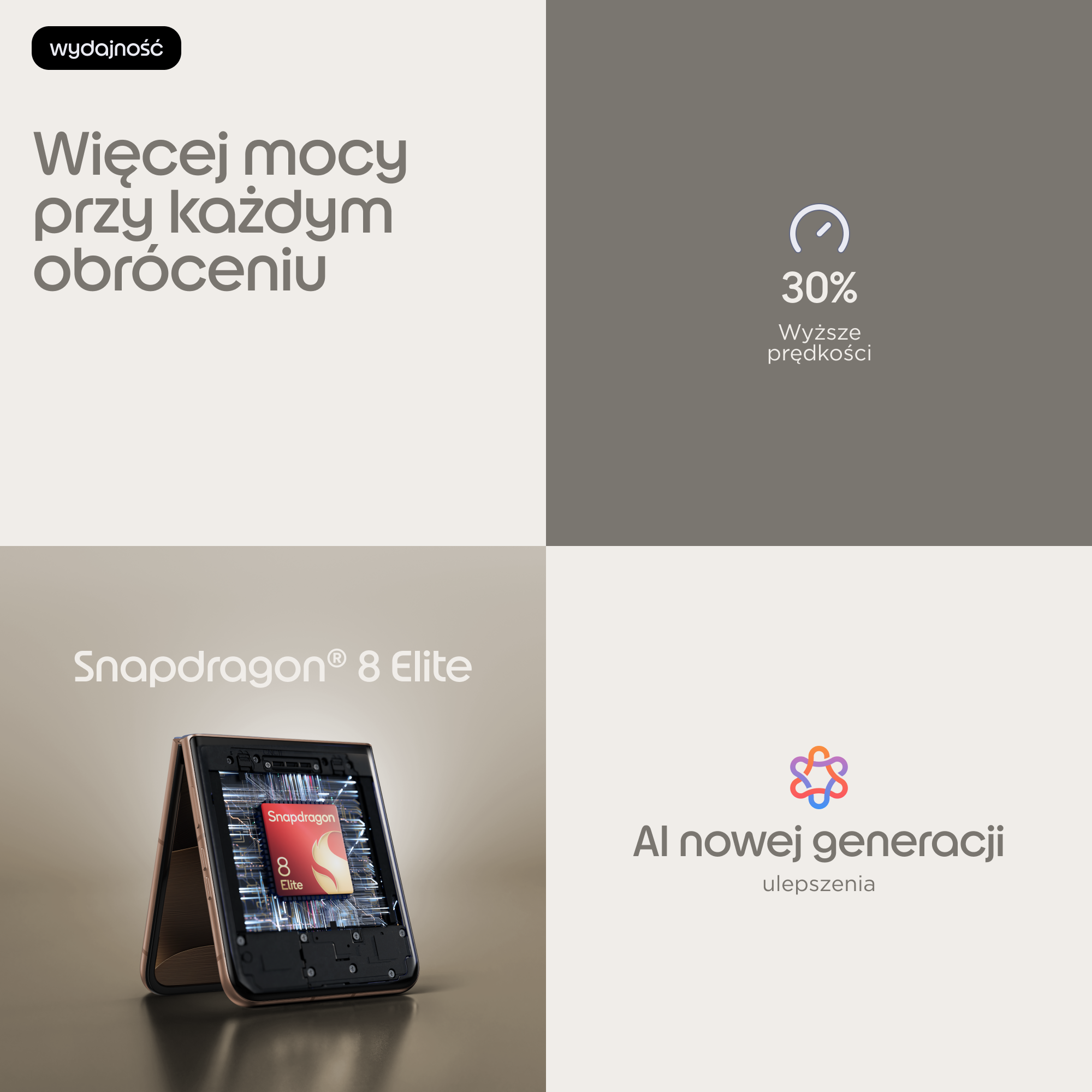 Chip Snapdragon 8 Elite w składanym telefonie, z tekstem "30% wyższe prędkości".