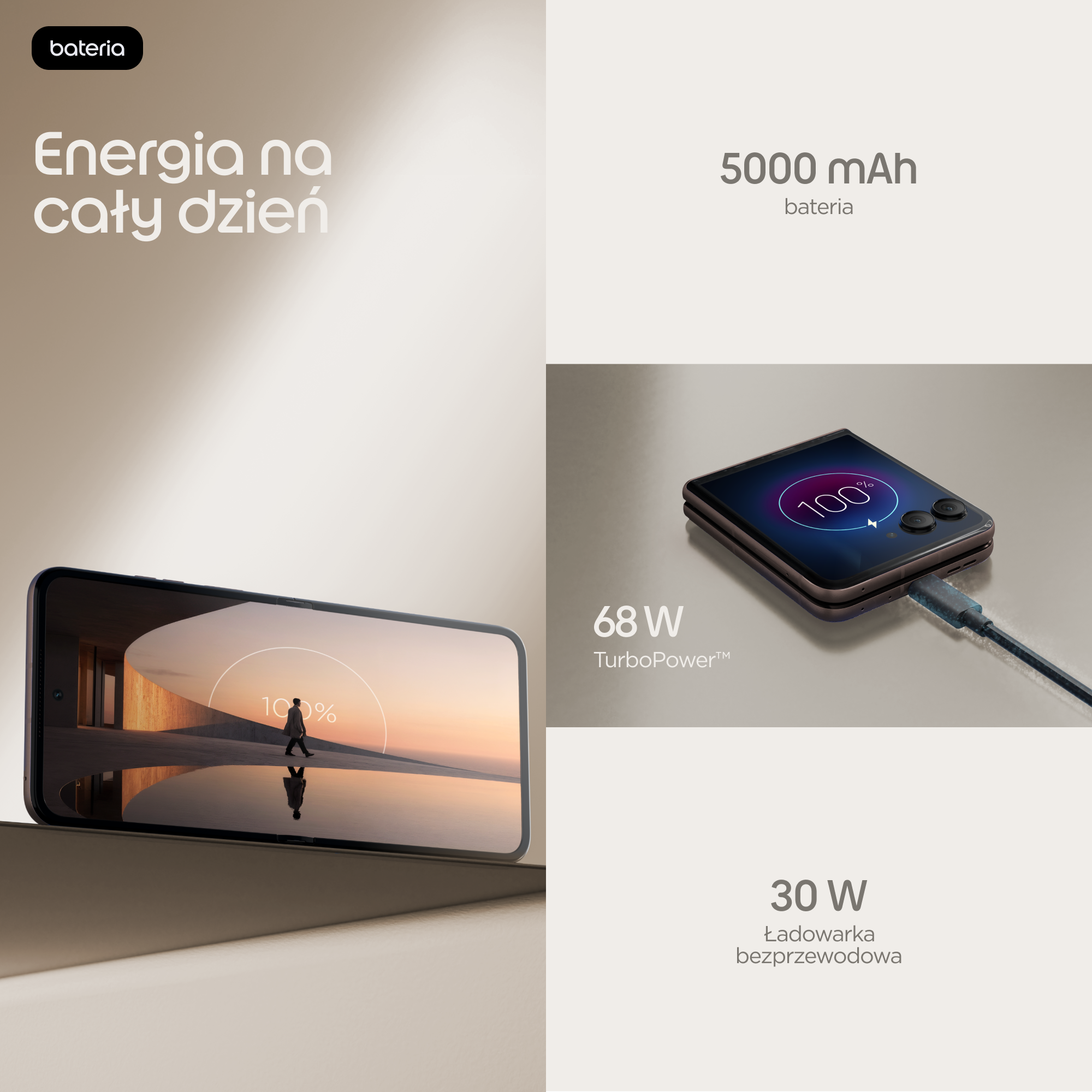 Smartfon z naładowaną w 100% baterią. Ma 5000 mAh i 68W TurboPower.