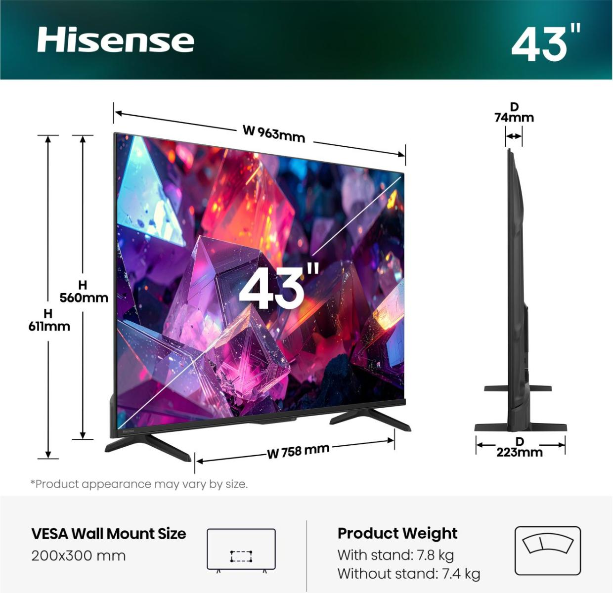 Hisense 43-Zoll-Fernseher mit Abmessungen und Gewichtsangaben.