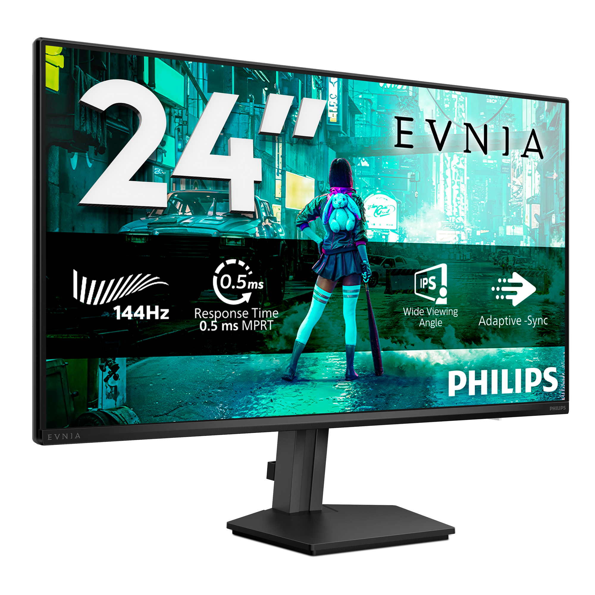 Ein 24-Zoll-Monitor mit 144 Hz und 0,5 ms Reaktionszeit. Zeigt eine Anime-Figur.