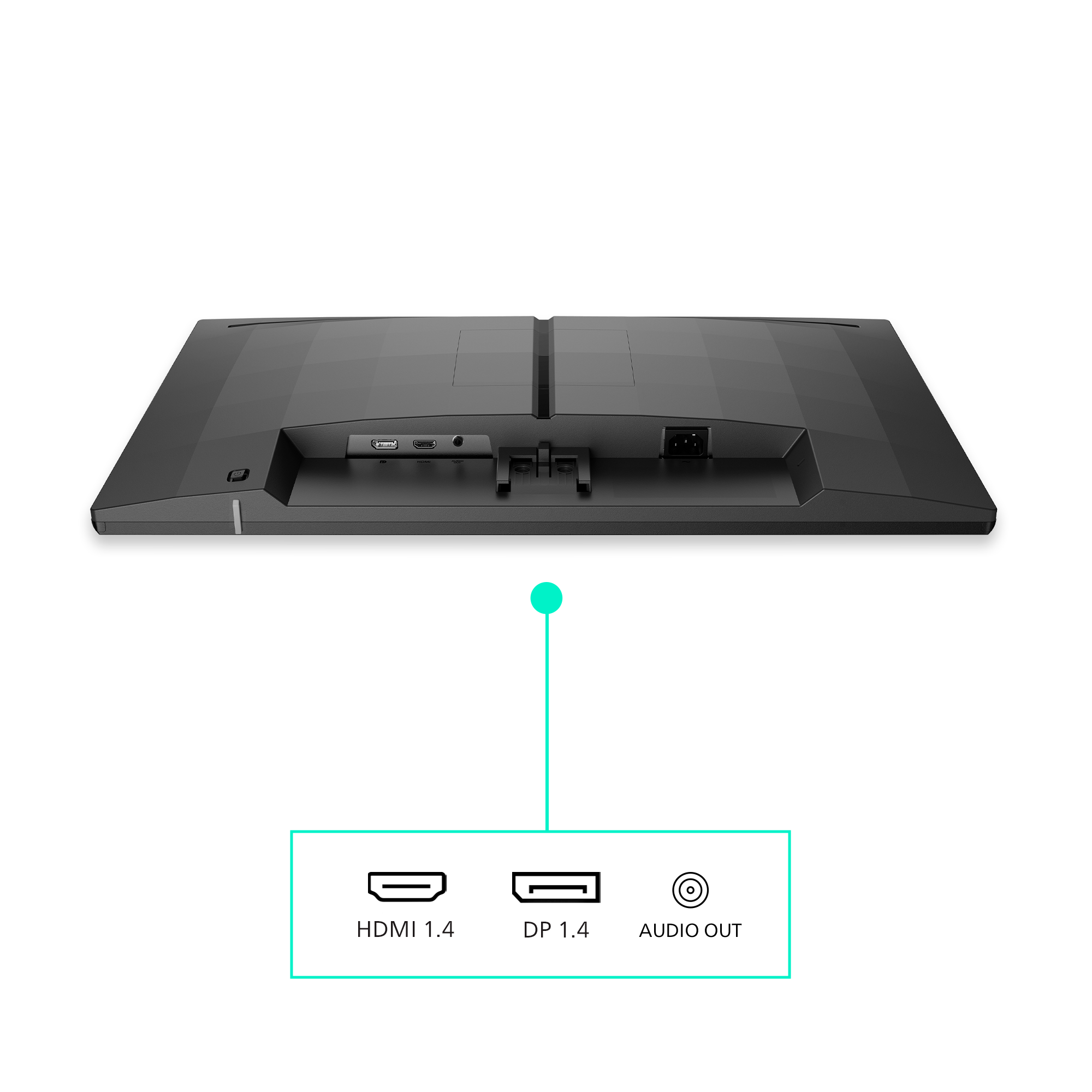 Rückseite eines Monitors mit Anschlüssen: HDMI, DP, Audio Out.