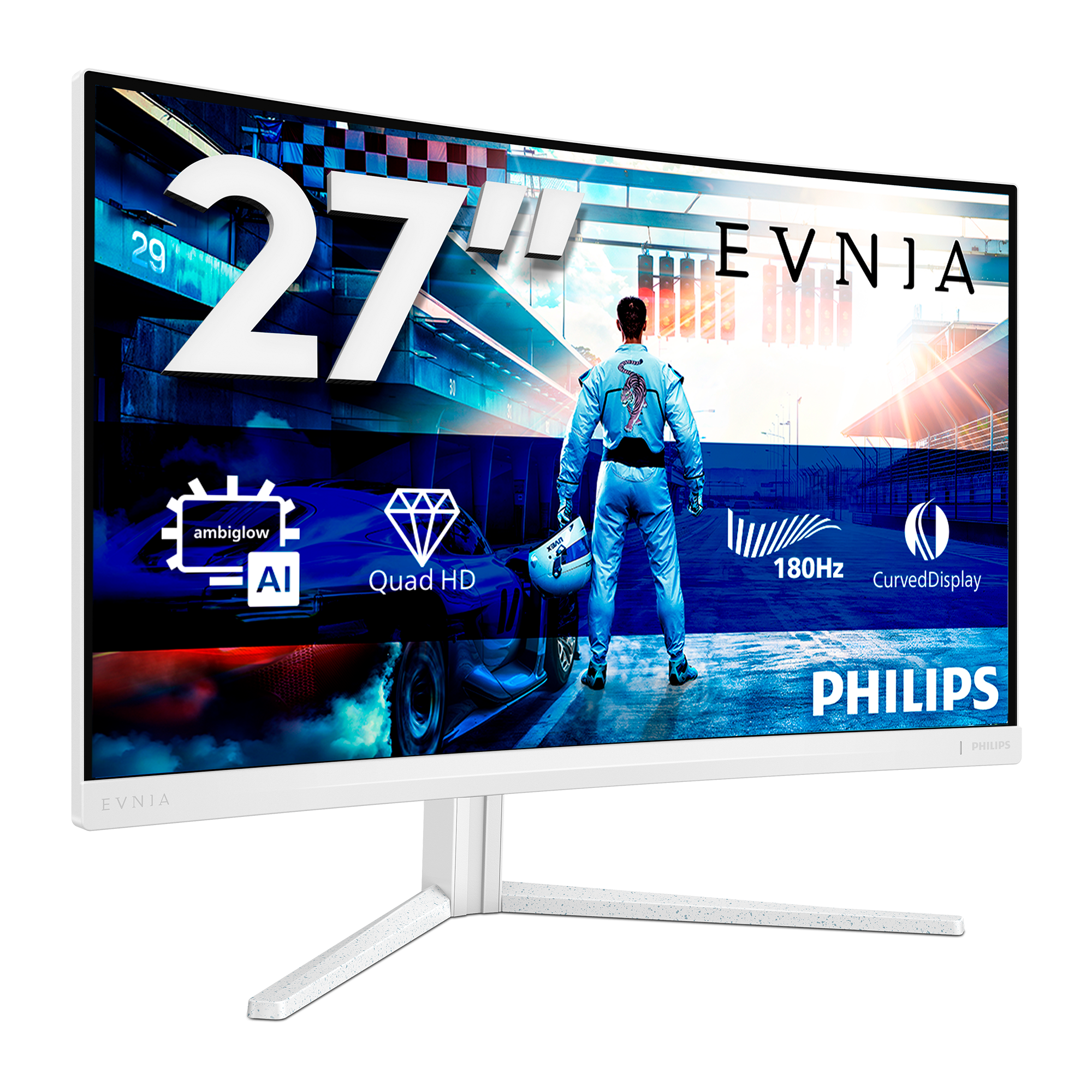 Ein 27-Zoll-Monitor mit Rennfahrer-Motiv, blauer Sportwagen und "EVNJA"-Logo.
