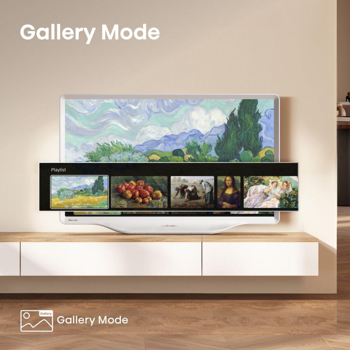 Ein Fernseher zeigt Kunst im Galerie-Modus, mit einer Landschaft und einer Playlist.