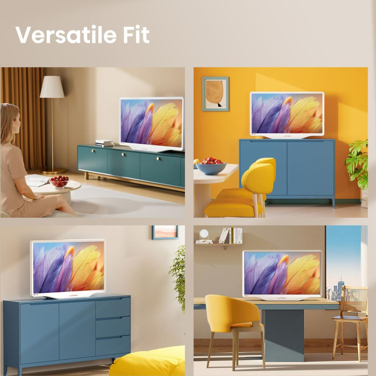 Collage zeigt Fernseher in verschiedenen Wohnbereichen.