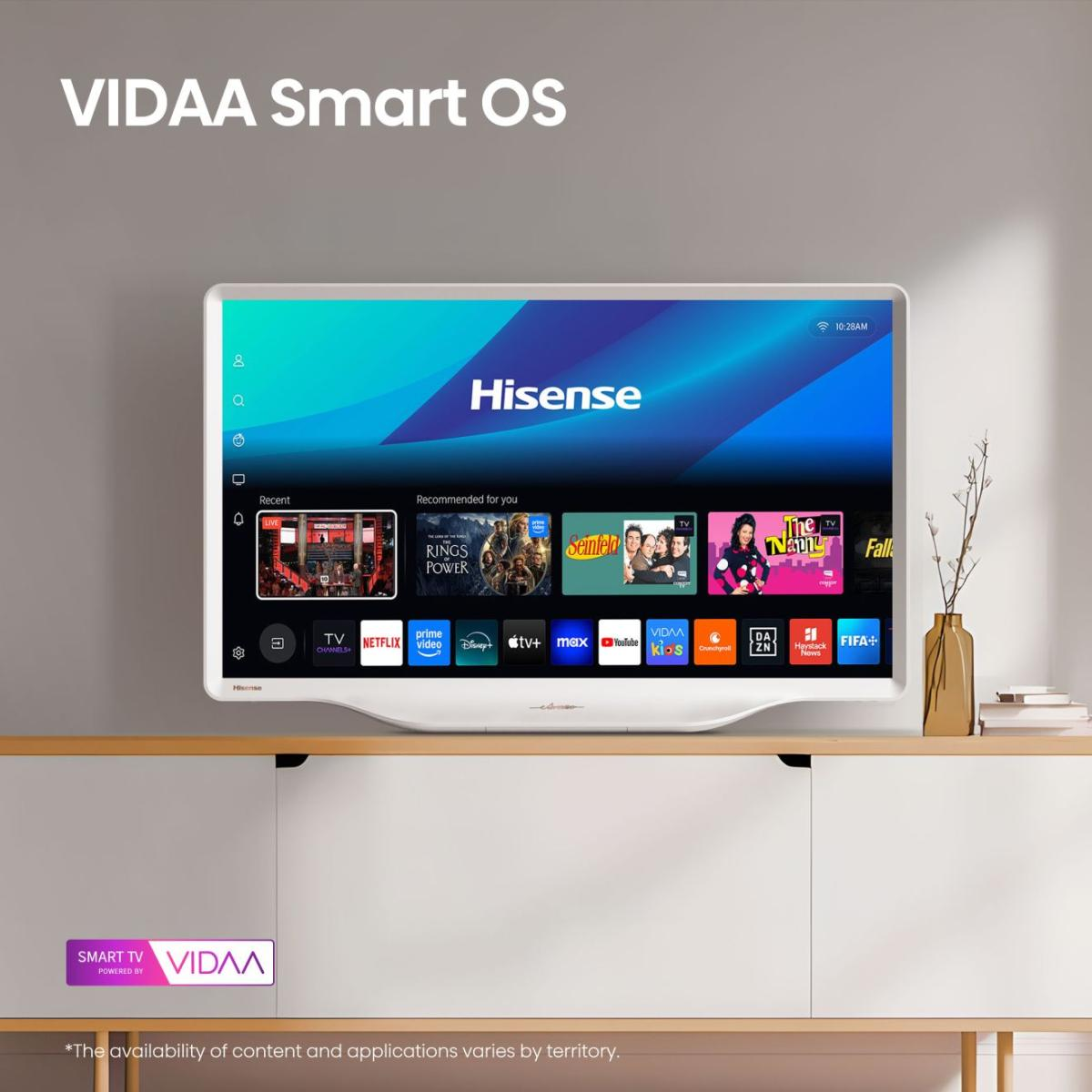 Ein Hisense Smart TV mit VIDA OS zeigt Apps wie Netflix und YouTube. Oben steht VIDAA Smart OS.