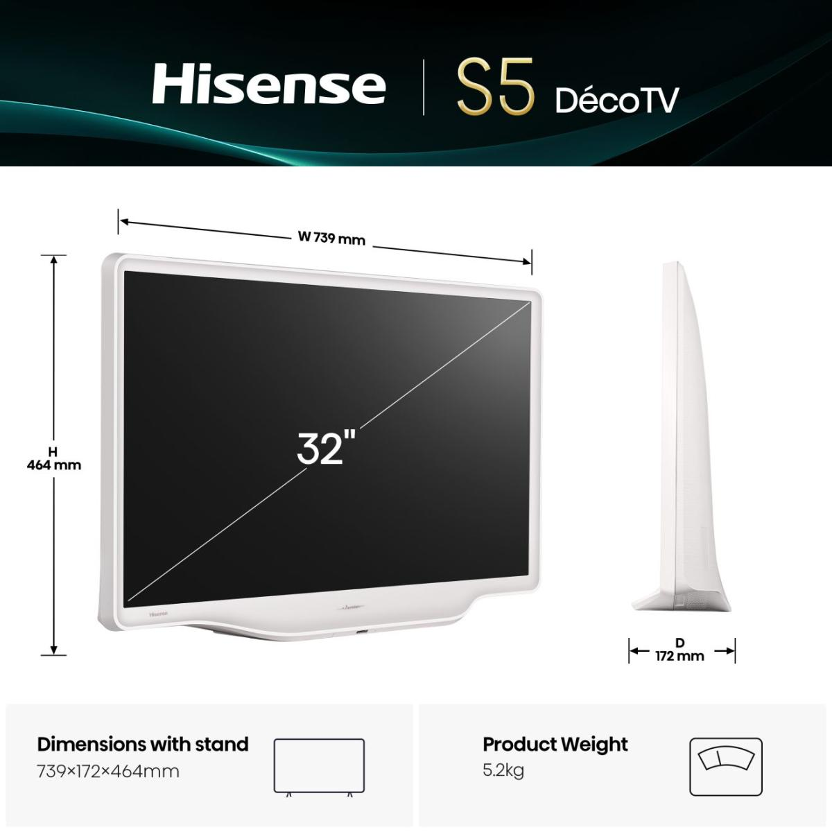 Ein 32-Zoll Hisense S5 DécoTV mit seinen Maßen und Gewicht.