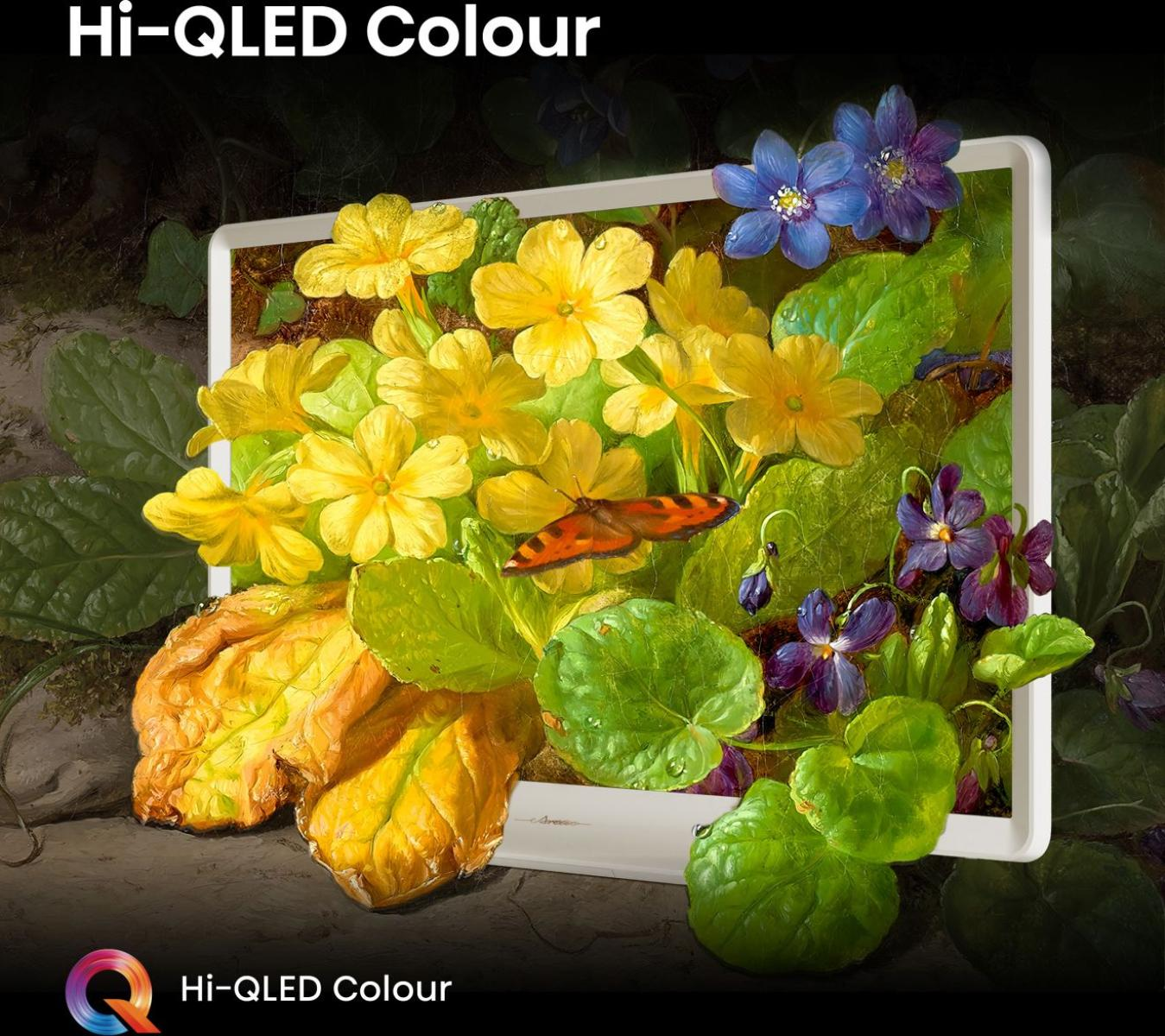 Ein Fernsehbildschirm zeigt gelbe und blaue Blumen, Schmetterlinge und Blätter.