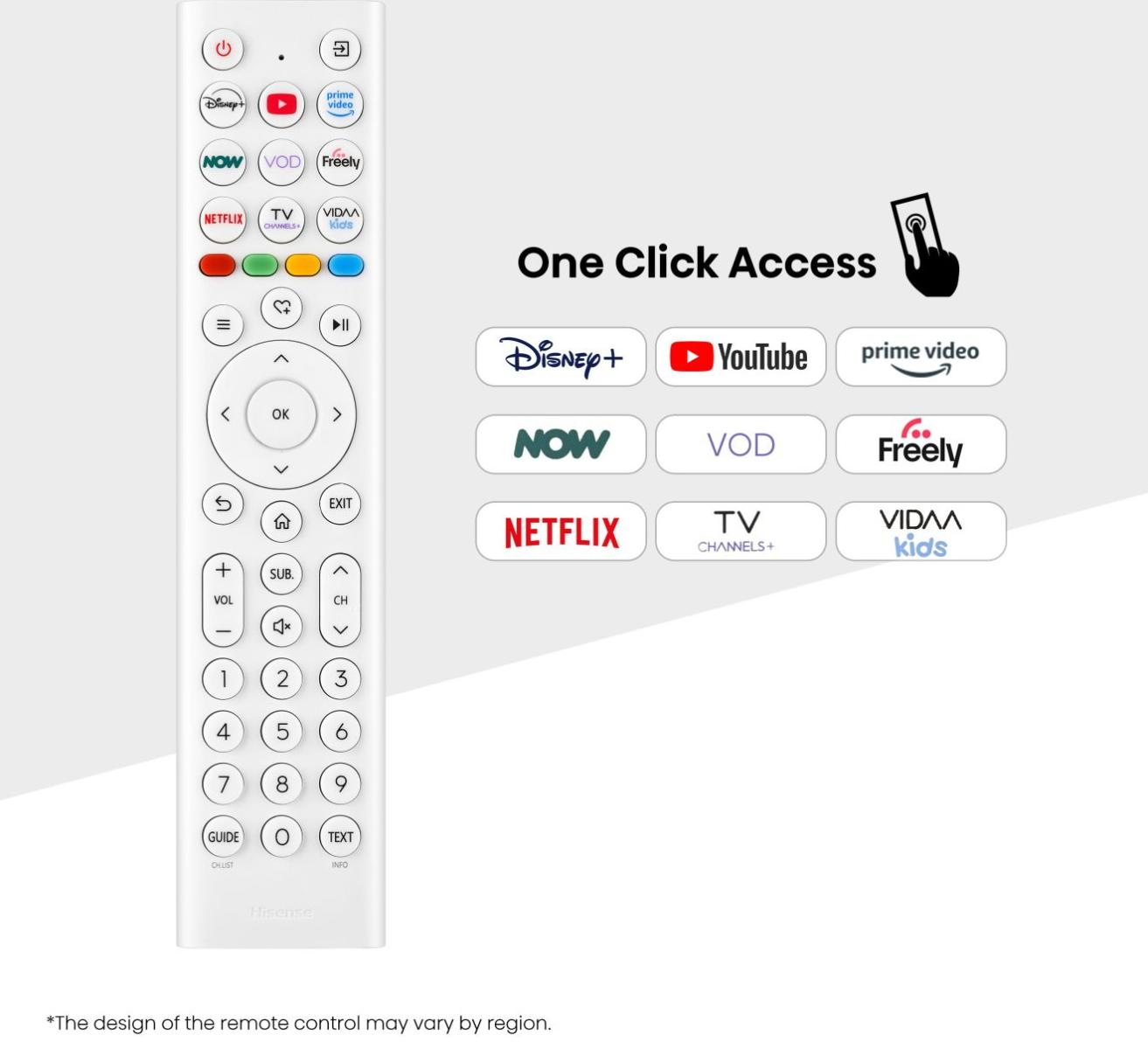 Eine weiße Hisense-Fernbedienung mit App-Verknüpfungstasten für Disney+, YouTube, Netflix und mehr.