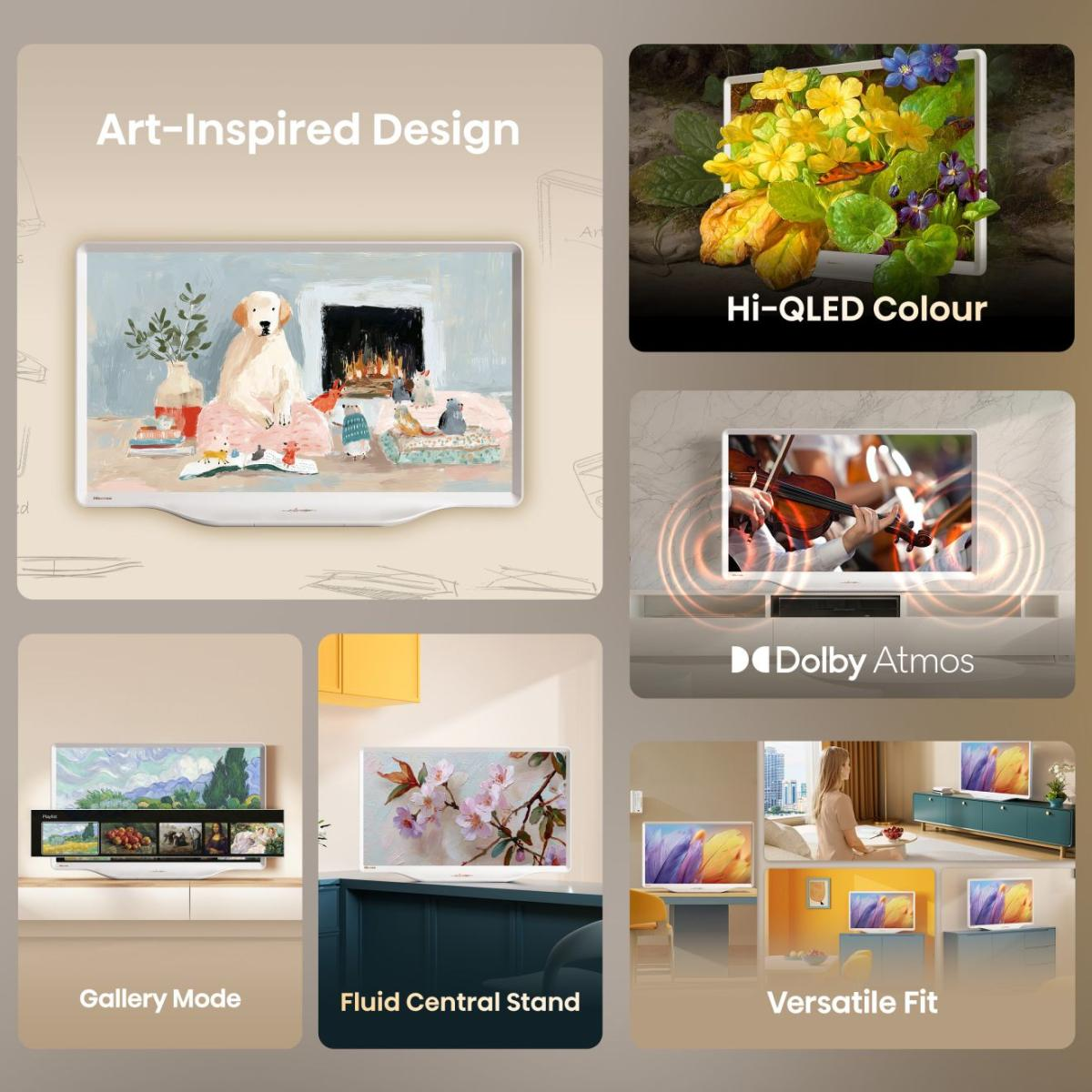 Eine Collage von TV-Funktionen: Kunstdesign, Hi-QLED-Farbe, Dolby Atmos, Galeriemodus, Ständer und vielseitige Passform.