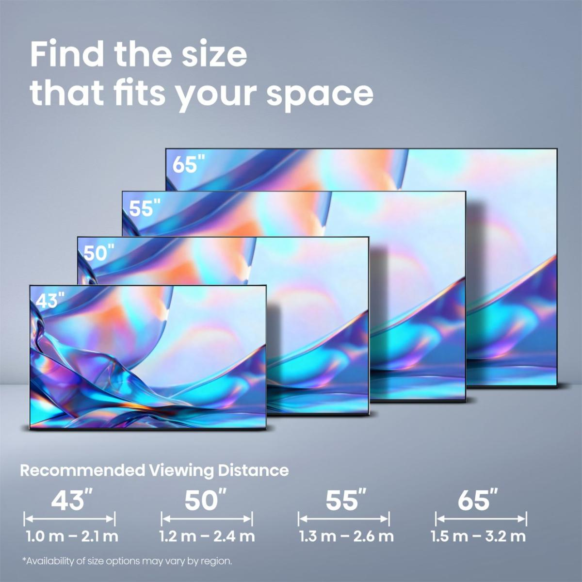 Vier Fernseher in verschiedenen Größen: 43", 50", 55", 65" mit abstrakter Grafik.