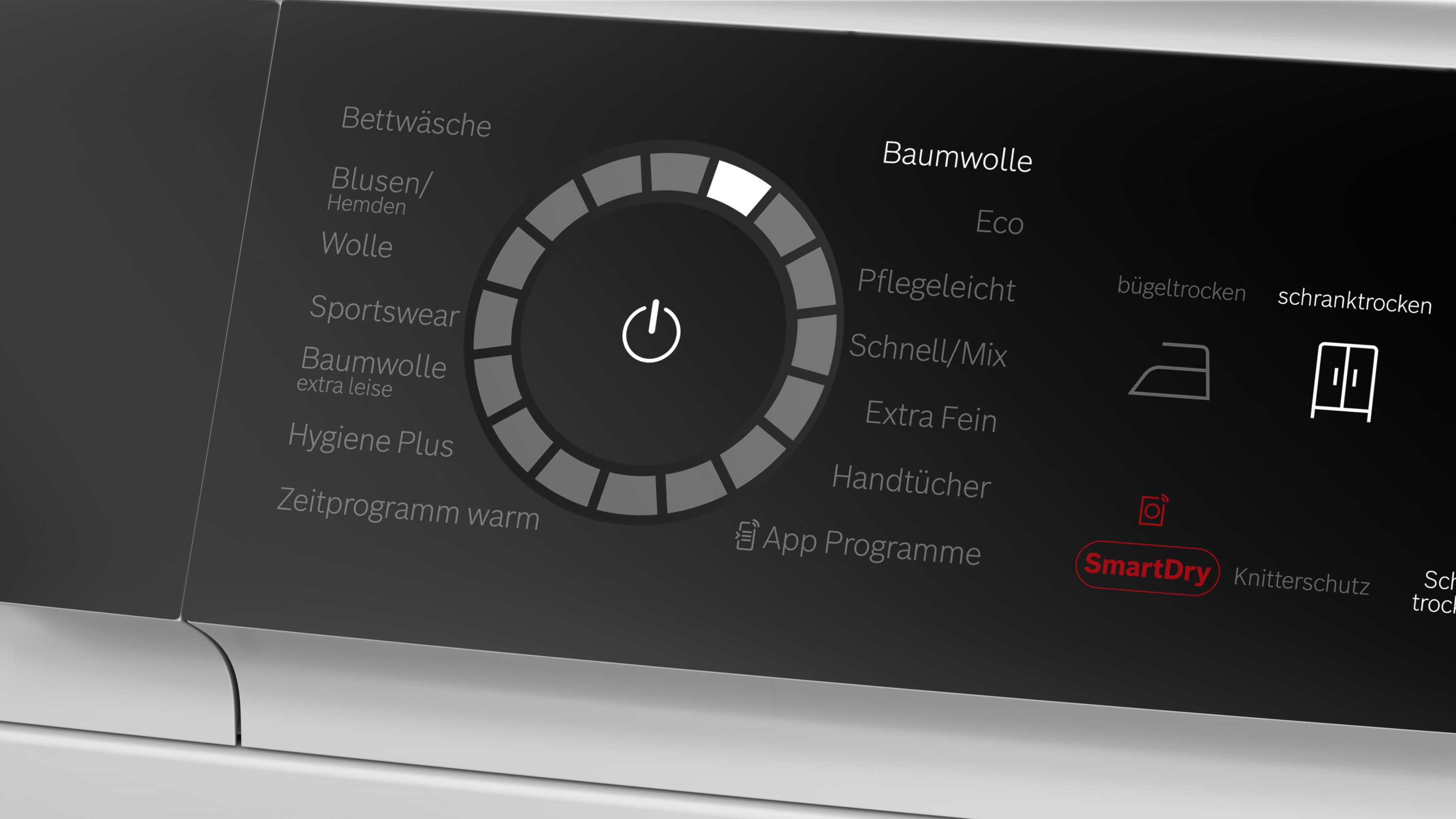 Bedienfeld einer Waschmaschine mit Programmauswahl und Power-Taste.