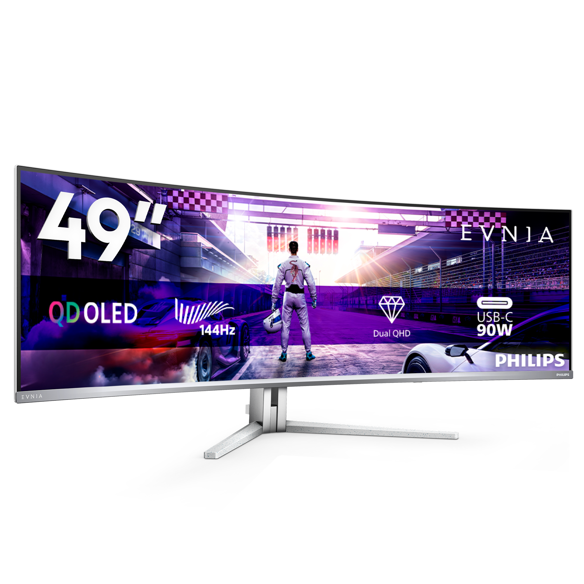 Ein 49-Zoll-QD-OLED-Monitor zeigt ein Rennen mit Fahrer und Autos.