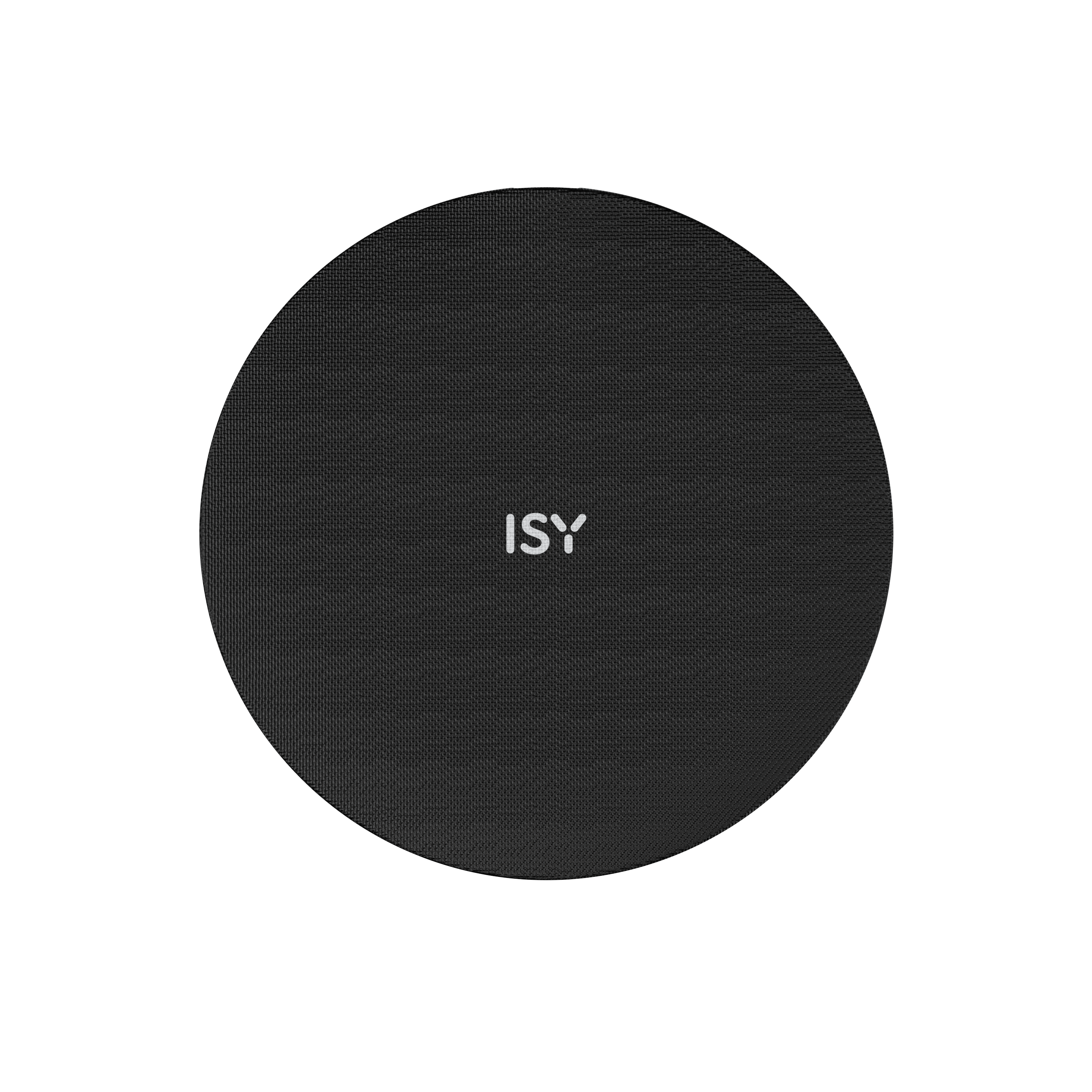 Schwarzer runder Teppich mit weißem ISY-Logo in der Mitte.