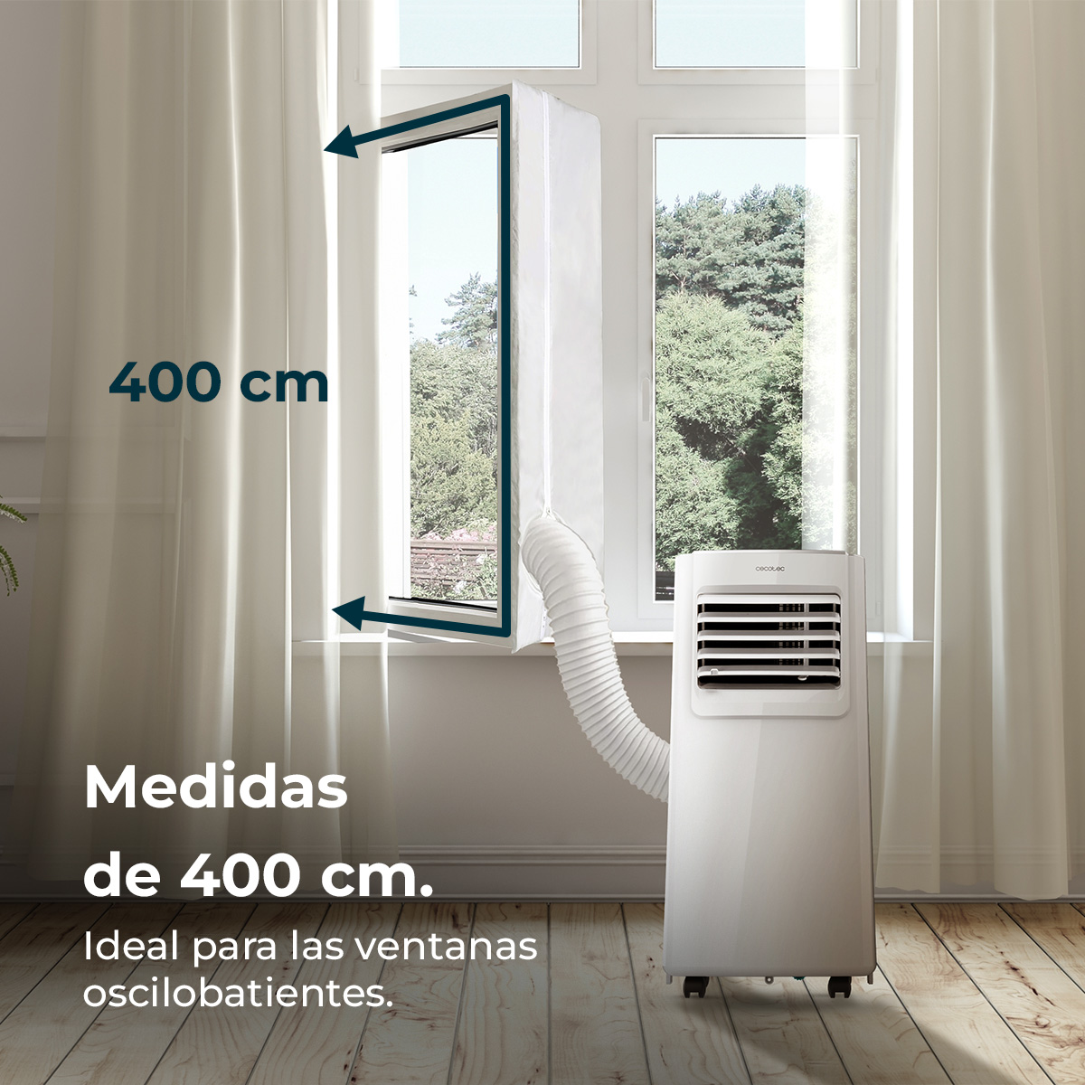 Un aire acondicionado portátil con manguera, instalado en una ventana. Mide 400 cm.