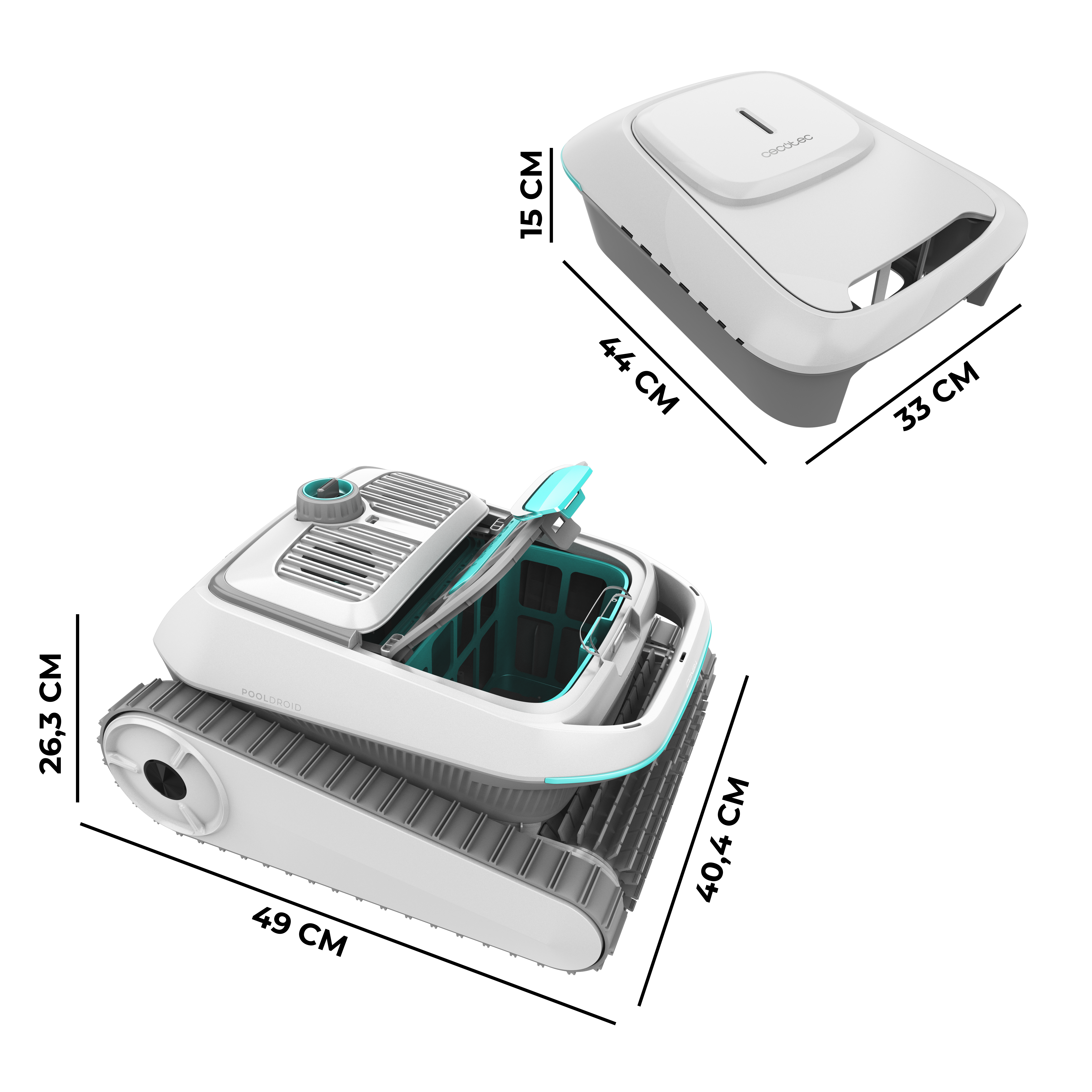 Un robot de piscina blanco con orugas y tapa abierta, junto a una tapa separada.