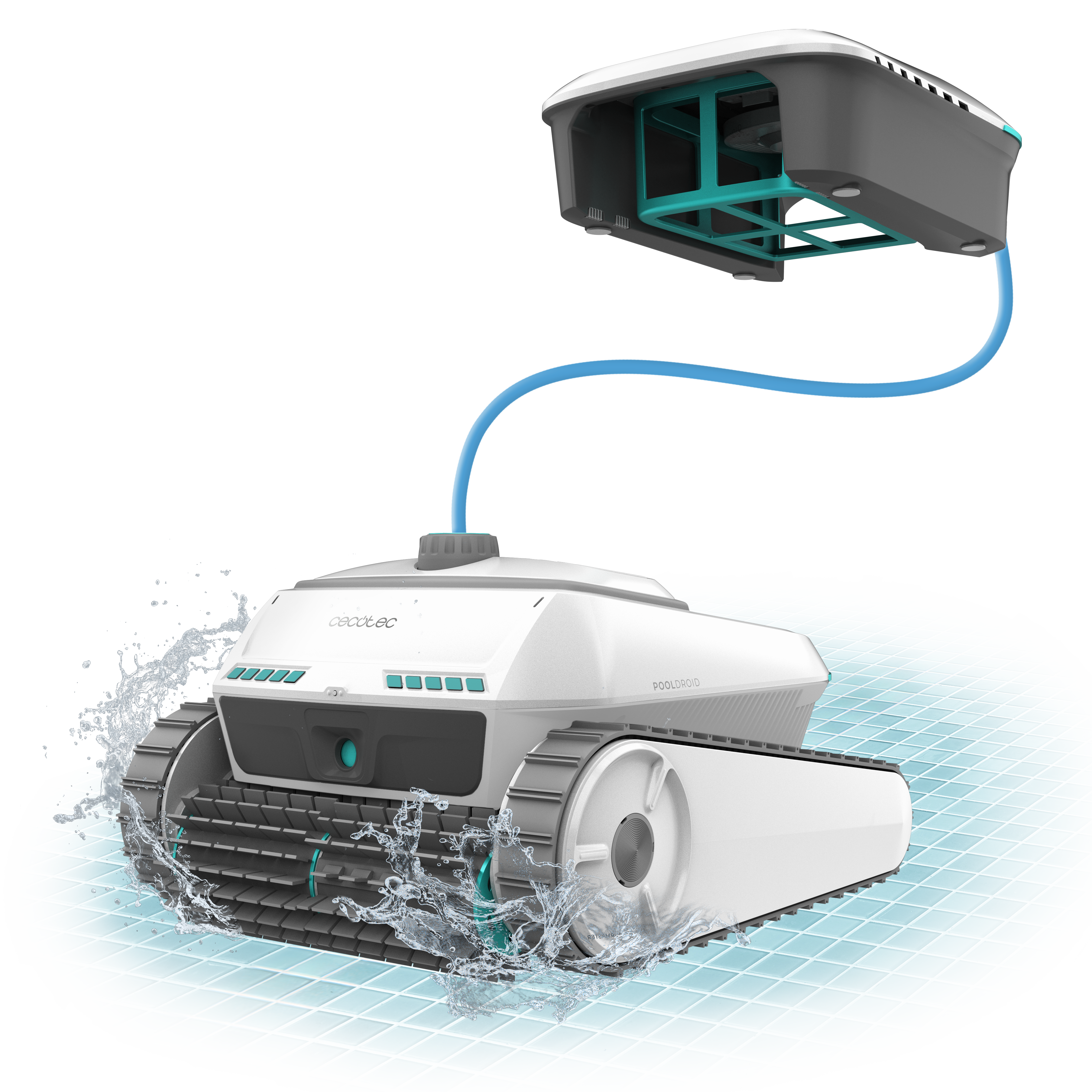 Robot de piscina blanco con orugas salpica agua, conectado por tubo azul a unidad gris.