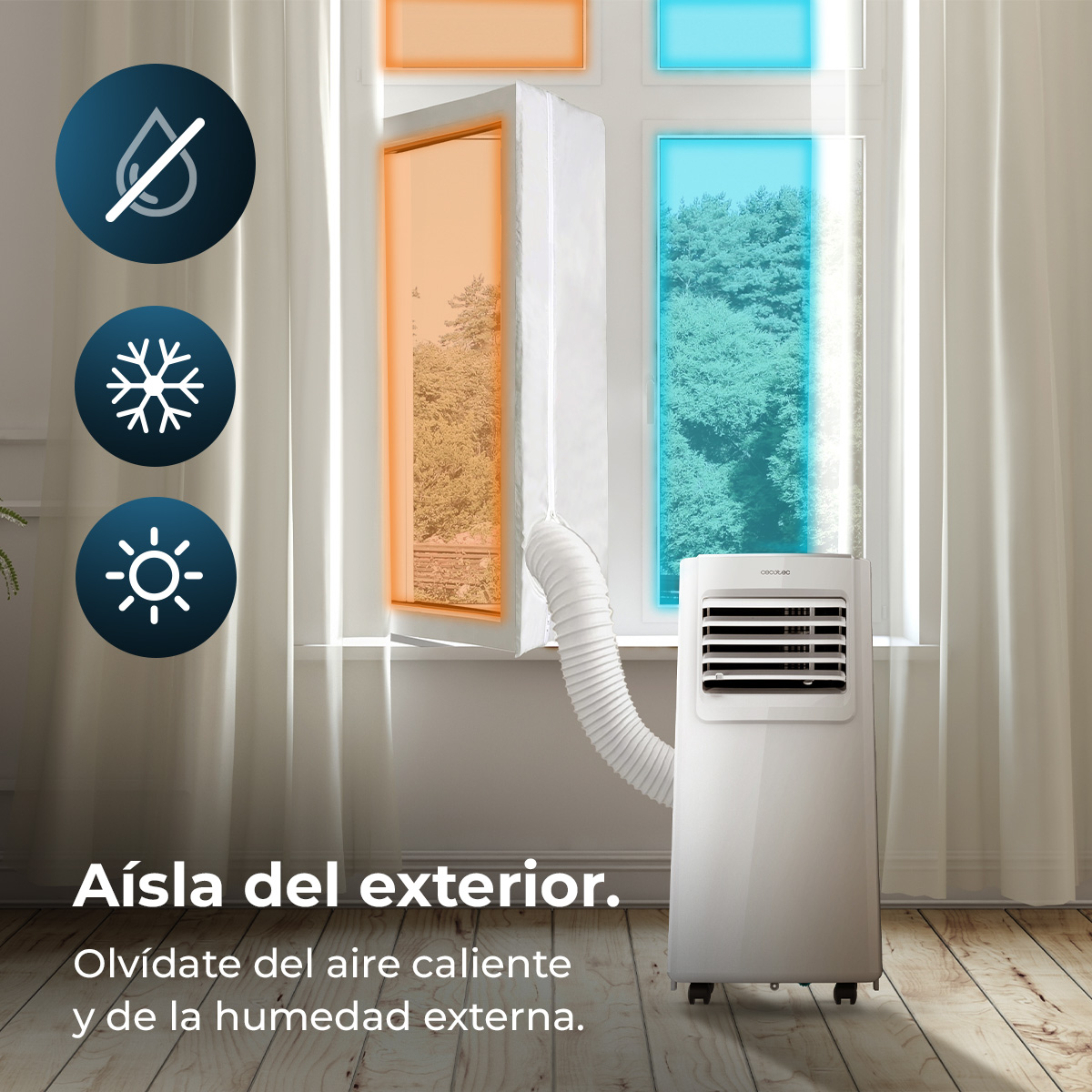 Un aire acondicionado portátil blanco junto a una ventana con manguera. Iconos de lluvia, nieve y sol.