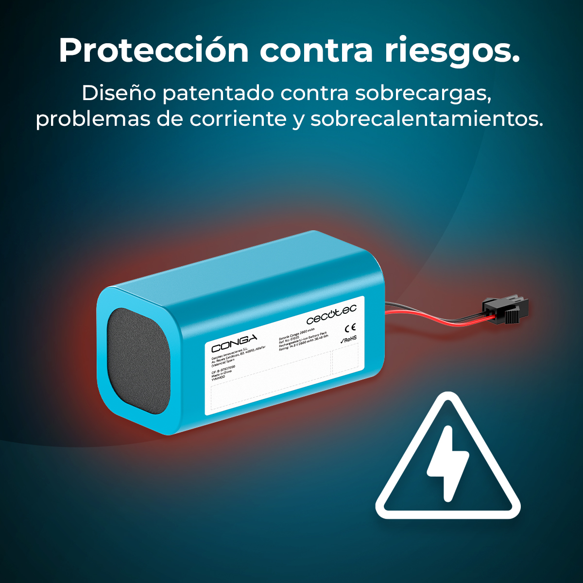 Batería azul con cables, símbolo de advertencia y texto en español.