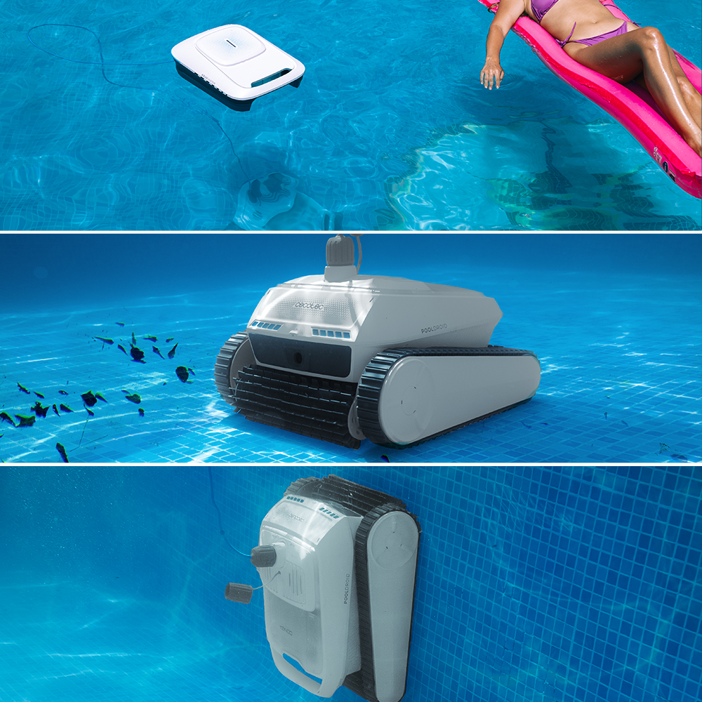Un robot limpia el fondo y las paredes de la piscina, mientras una persona flota en un colchón inflable.