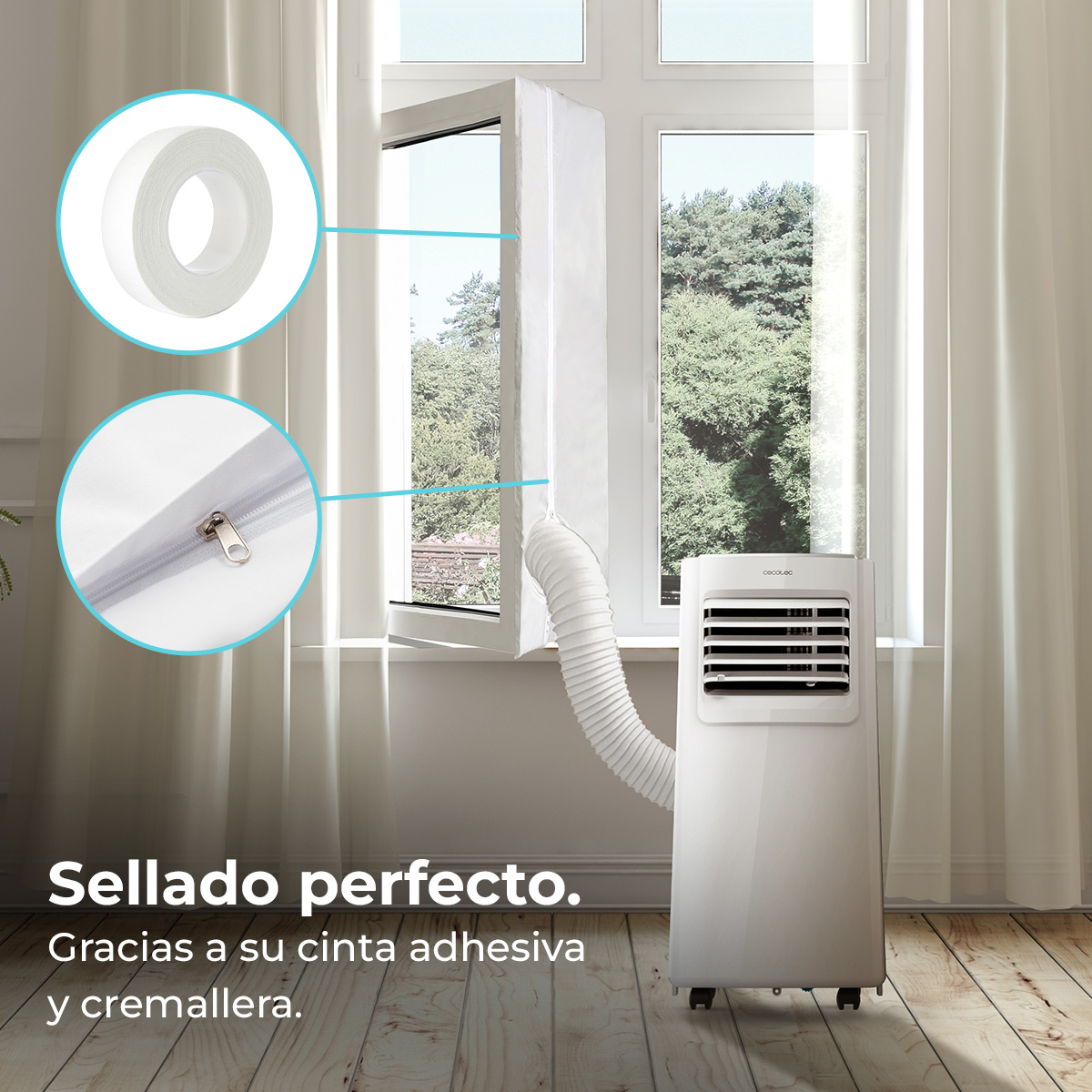 Un aire acondicionado portátil con manguera que pasa por una ventana con sistema de sellado.