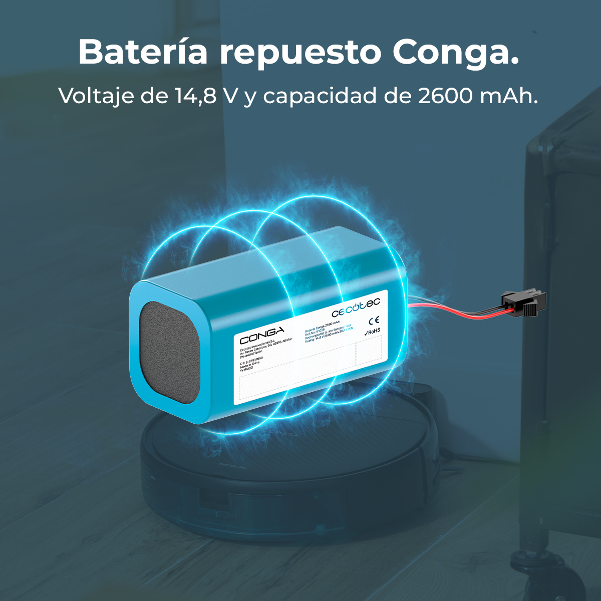 Batería de repuesto azul Conga de 14,8 V y 2600 mAh sobre un robot.