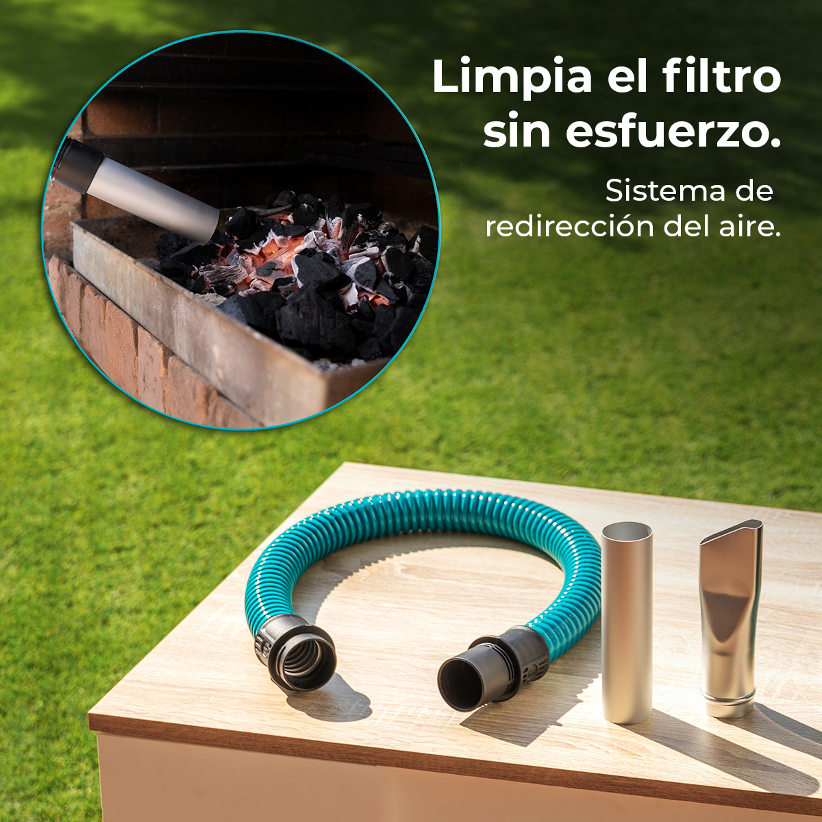 Brasas de parrilla en una chimenea con manguera y accesorios sobre una mesa.