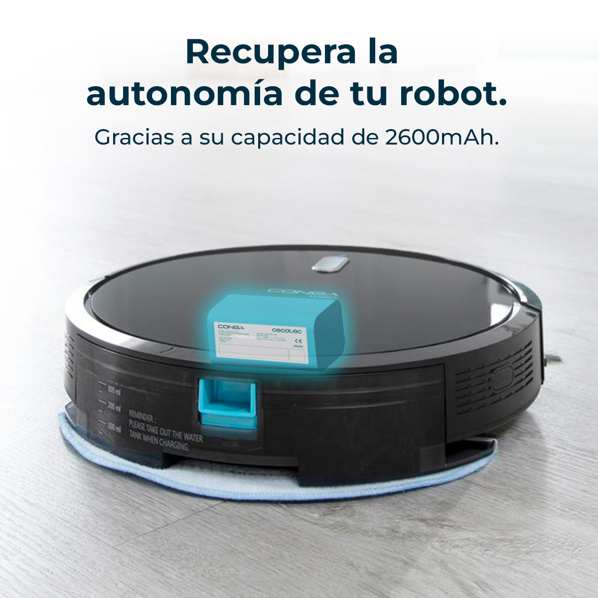 Un robot aspirador negro con un icono de batería azul brillante encima.