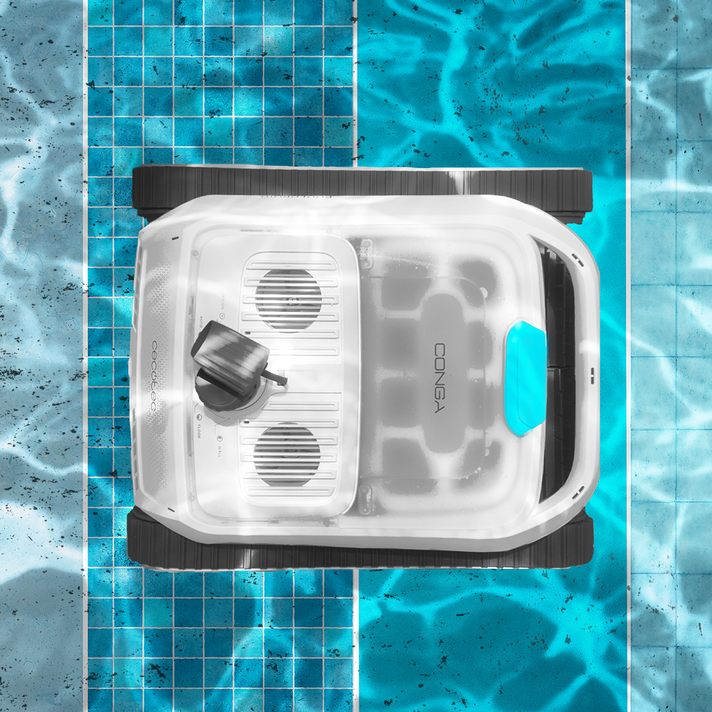 Un robot limpiador de piscinas blanco con detalles azules sobre un fondo de piscina alicatado.