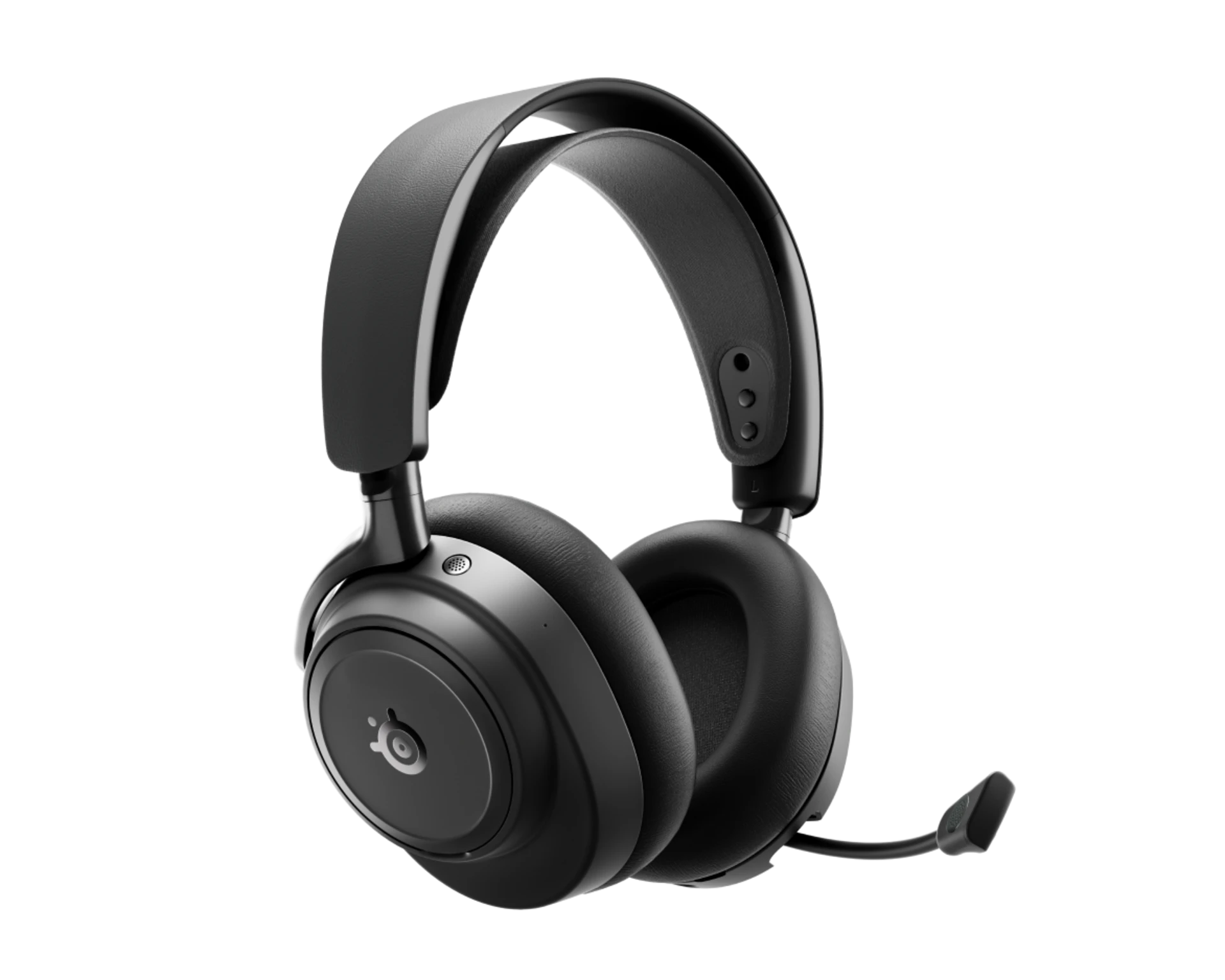 Auriculares negros circumaurales con micrófono, sobre fondo negro.