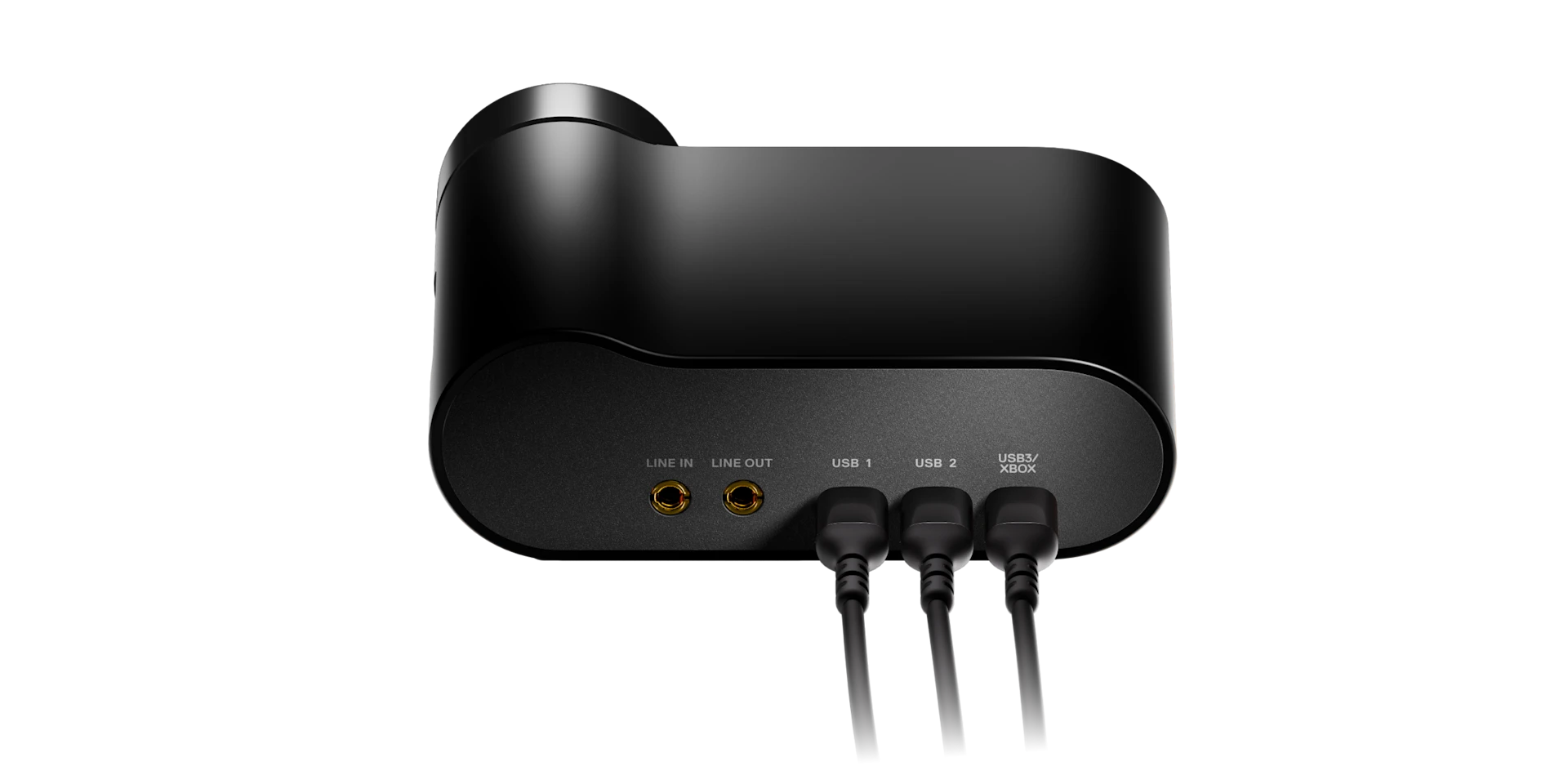Dispositivo de audio negro con puertos: Line In, Line Out, USB 1, USB 2, USB3/Xbox.