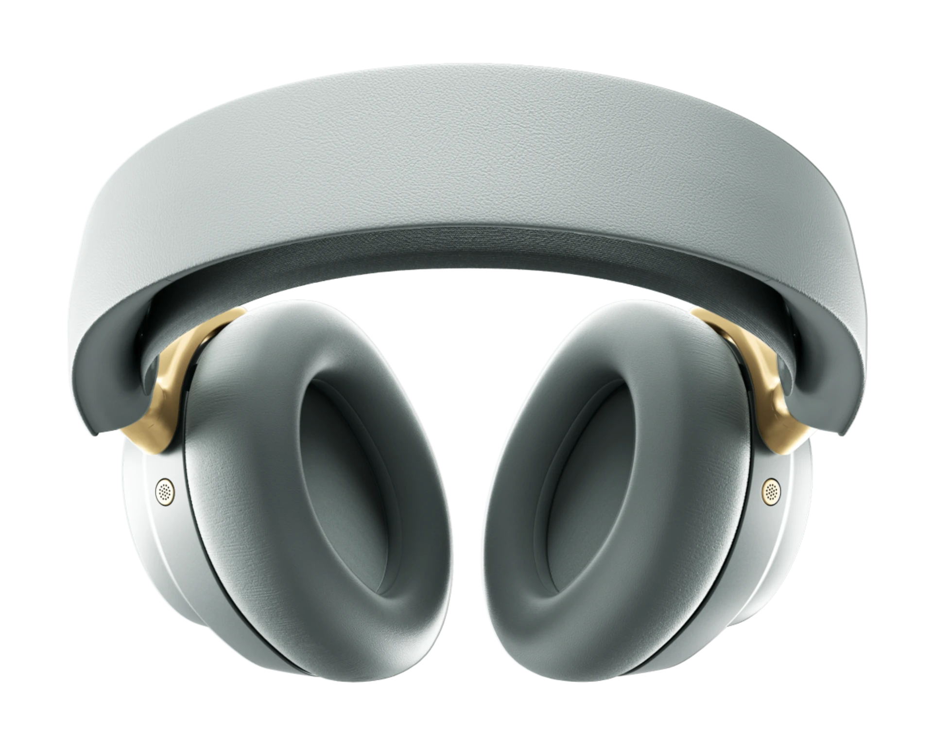 Auriculares grises de diadema con detalles dorados sobre fondo negro.