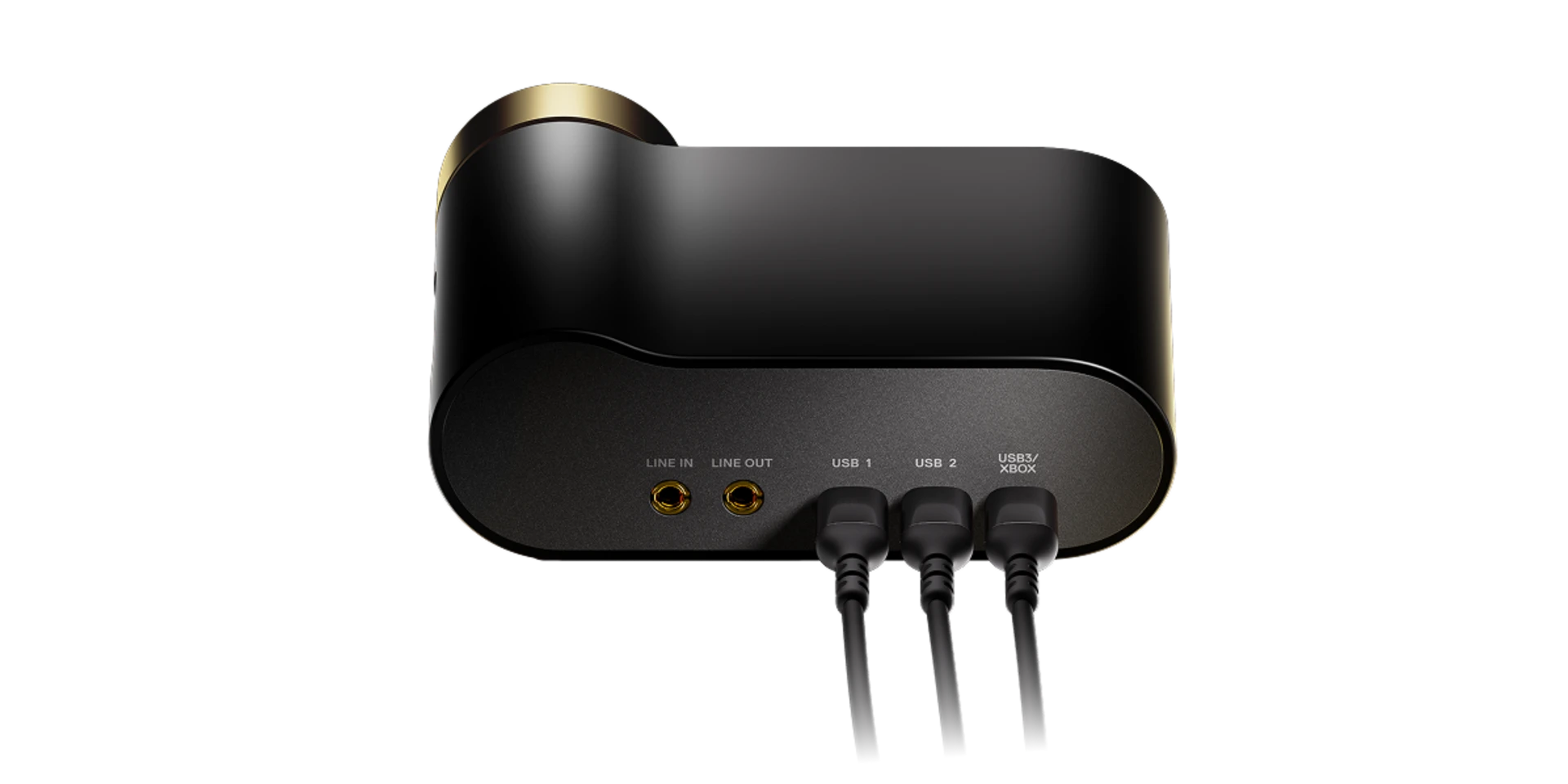 Parte trasera de dispositivo de audio negro con puertos Line In, Line Out, USB 1, USB 2, USB3/XBOX.