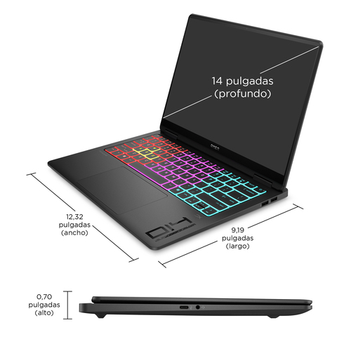 Portátil negro con teclado RGB y dimensiones. Vista superior.