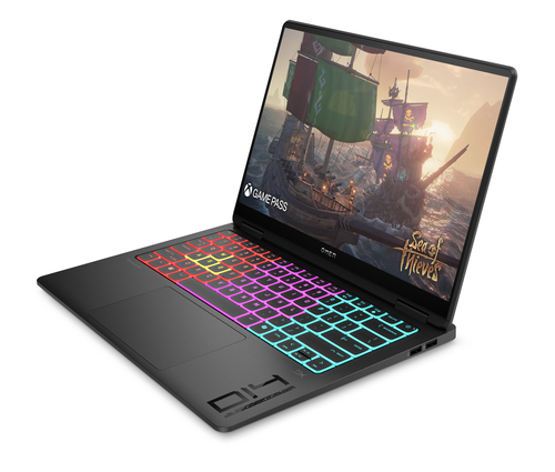 Portátil negro con teclado RGB mostrando el juego Sea of Thieves.