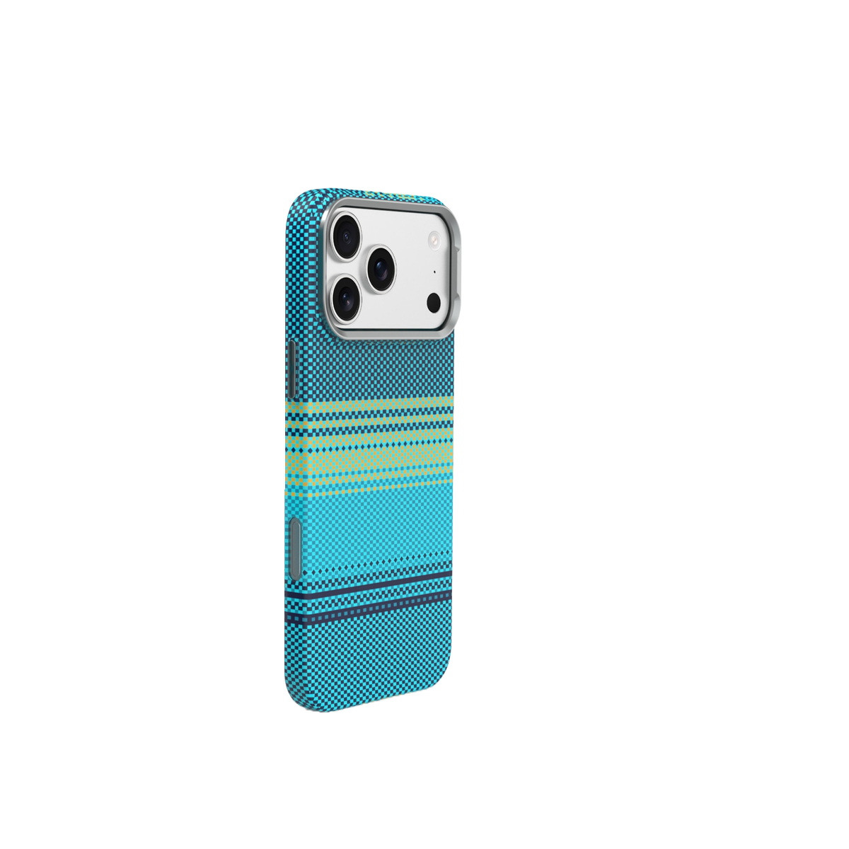 Üç kamera lensli, çizgili desenli mavi telefon kılıfı.