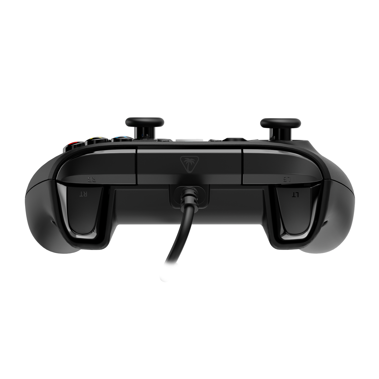 Mando de juegos negro con cable, vista lateral con botones y joysticks.