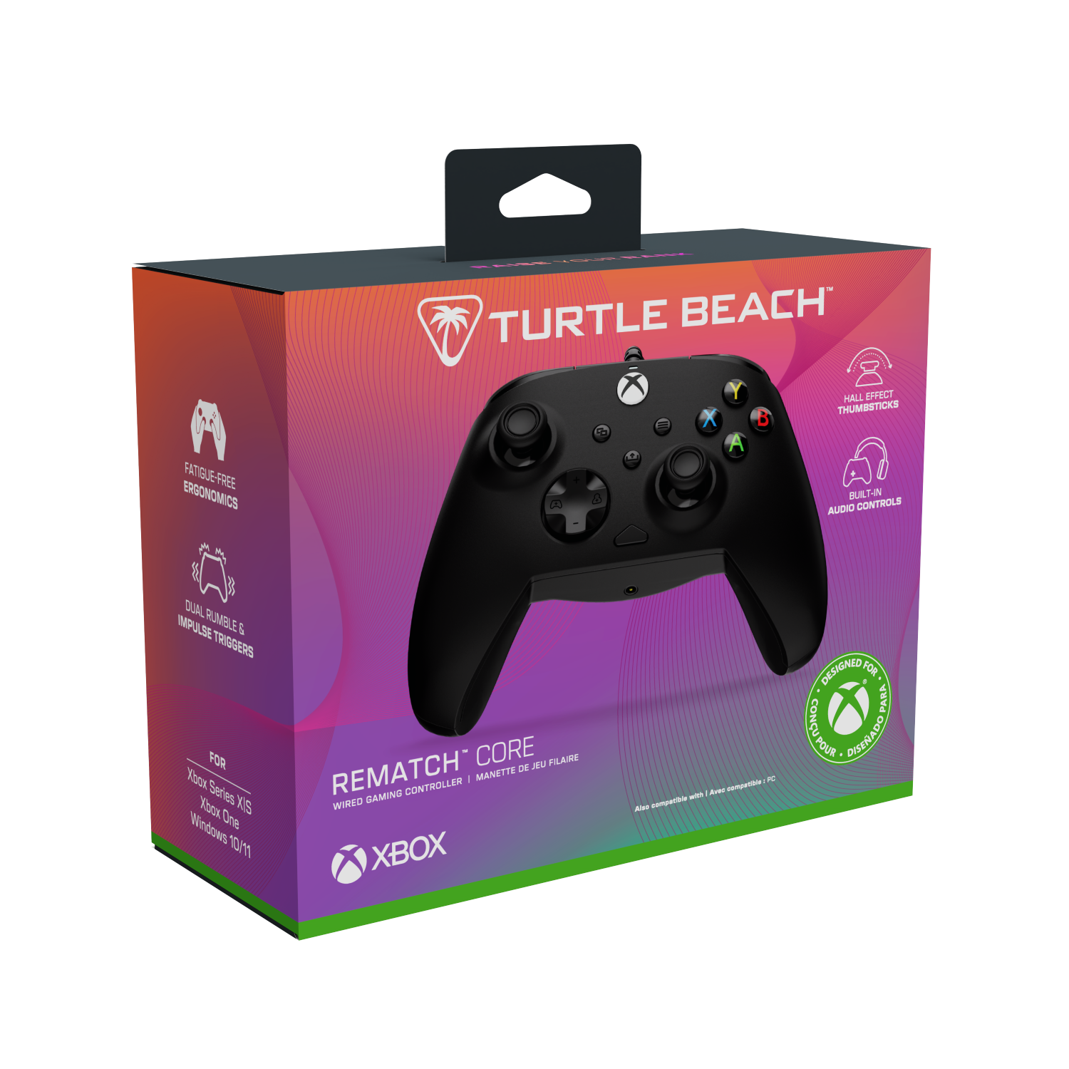 Caja del mando con cable Turtle Beach Rematch Core con mando negro. Características listadas.