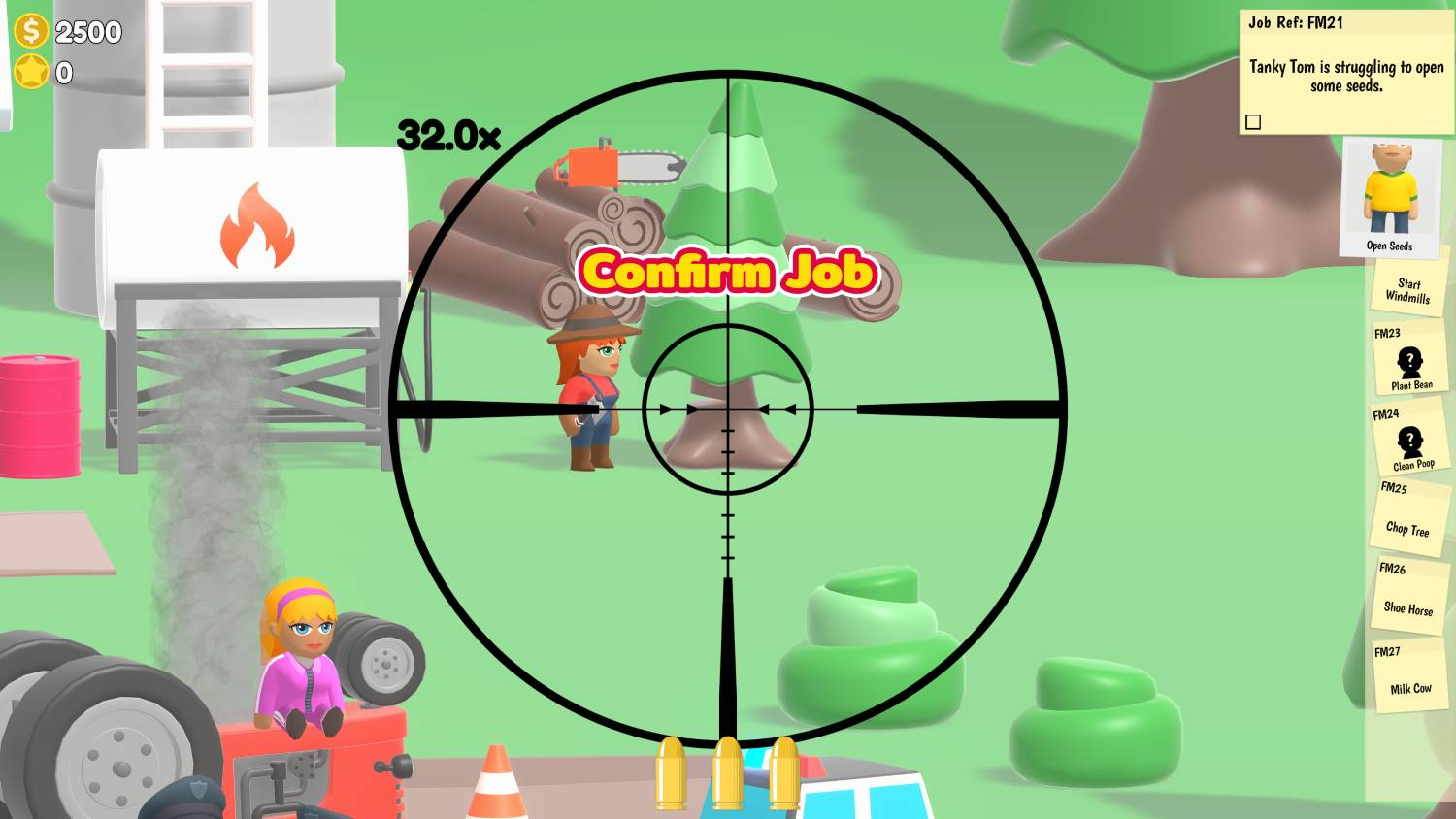 Vista de mira con granjera, troncos, motosierra y texto 'Confirm Job'.