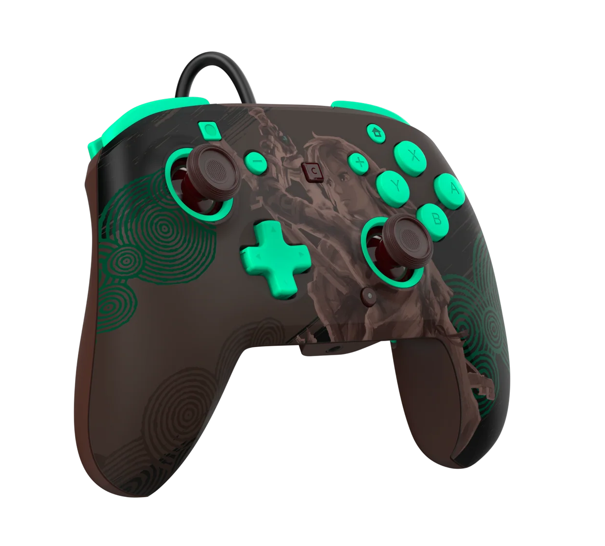 Un mando de videojuego marrón con detalles verdes y un gráfico de personaje.