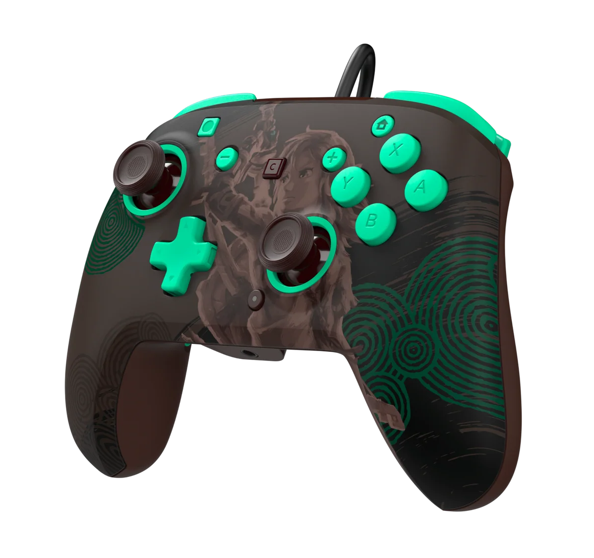 Controlador marrón con acentos verdes y arte de Zelda. Negro y marrón.