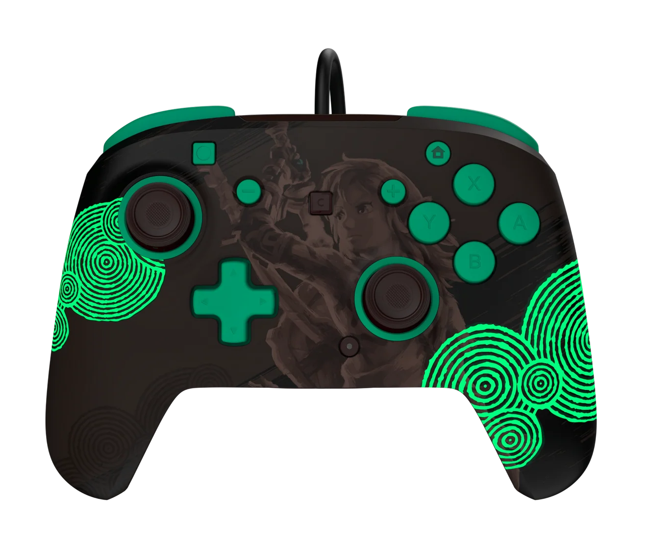 Mando negro con botones verdes, gráfico de Link y diseños verdes en espiral.