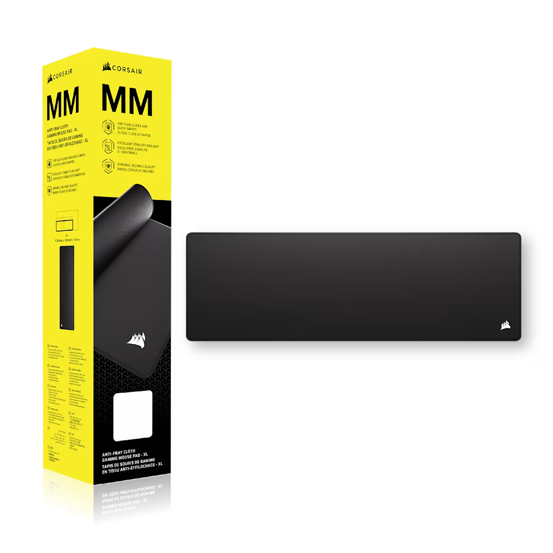 Un mousepad negro para juegos Corsair junto a su empaque amarillo que detalla funciones.